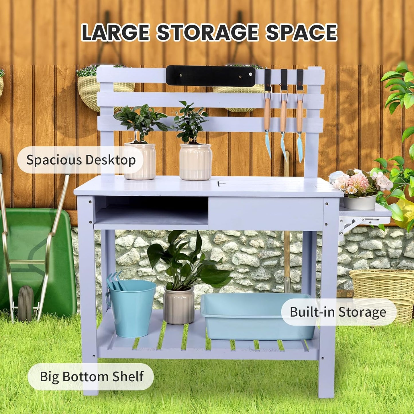 Potting Bench Outdoor Potting Table—All-Weather Kids Solid Wood Garden Work Station with Sink、Hooks、3Flower Pots, Weather Proof(Blue, Large)