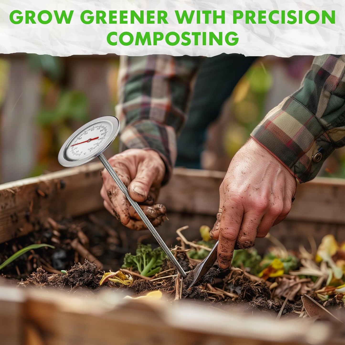 Fishnure - 20” Compost Thermometer, Indoor & Outdoor Thermometer Probe for Composting Bin Heaps, with 1.8” Diameter Celsius Dial & Temperature Gauge, Complements The Compost Starter