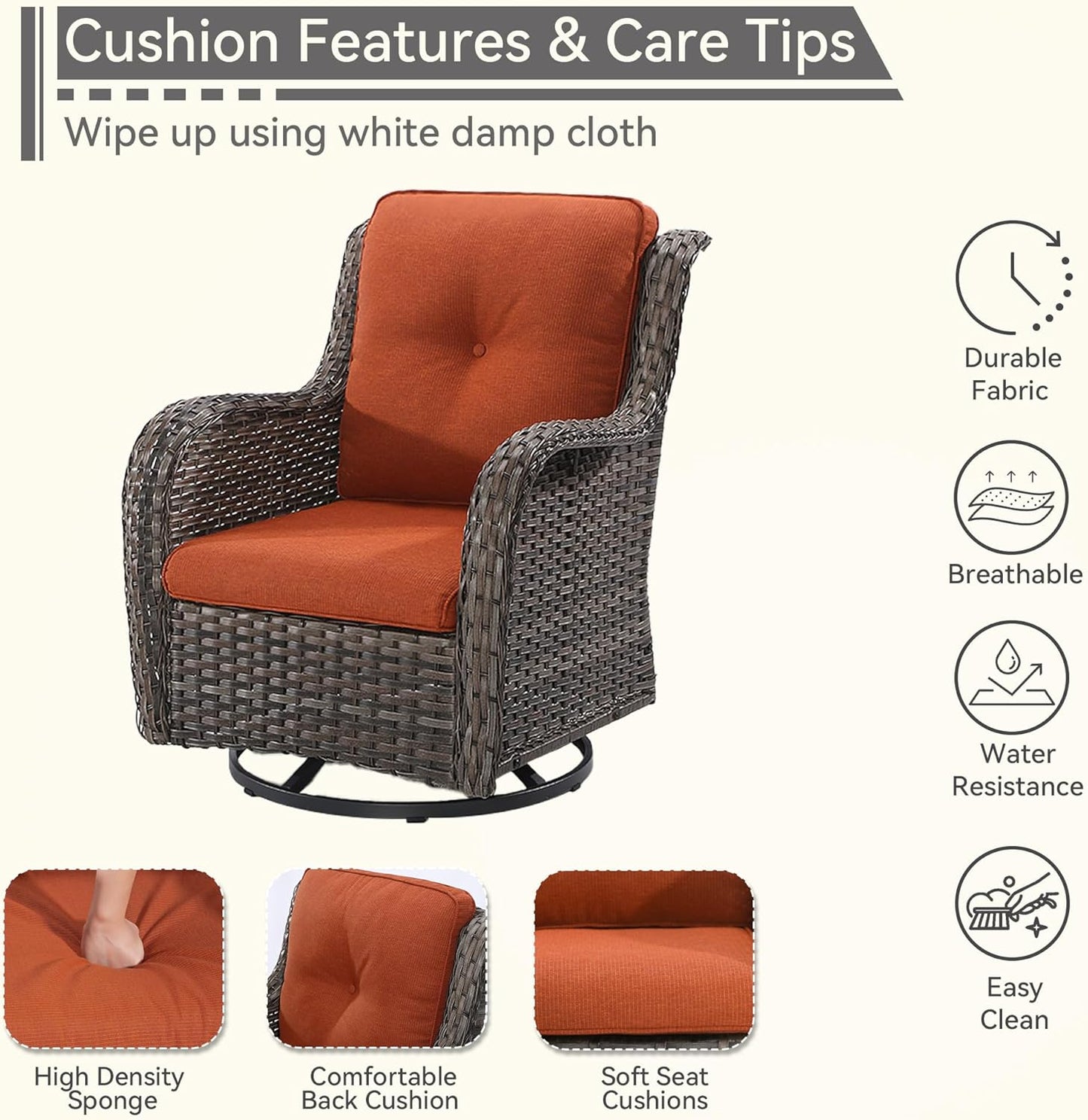 Outdoor Swivel Rocker Patio Chairs Set of 2 - Outdoor Wicker Patio Conversation Sets 2 Pieces with Olefin Fabric Cushions Suitable for Backyard Deck and Porch, Orange