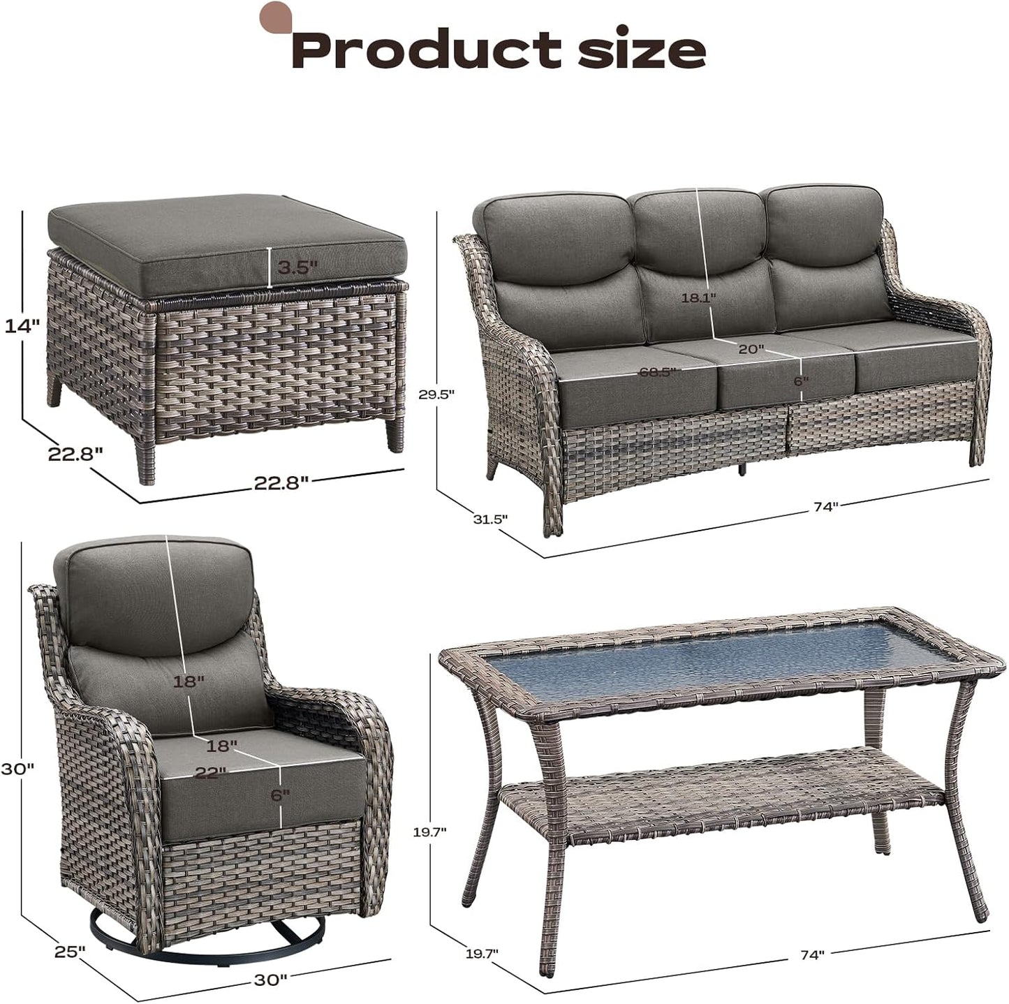 Wicker Outdoor Patio Furniture Set - 6 Piece Patio Conversation Sets with Swivel Rocker Chairs, Ottomans, Sofa and Table, 6 inch Cushions, Deep Seating, for Porch Deck Mixed Grey/Grey