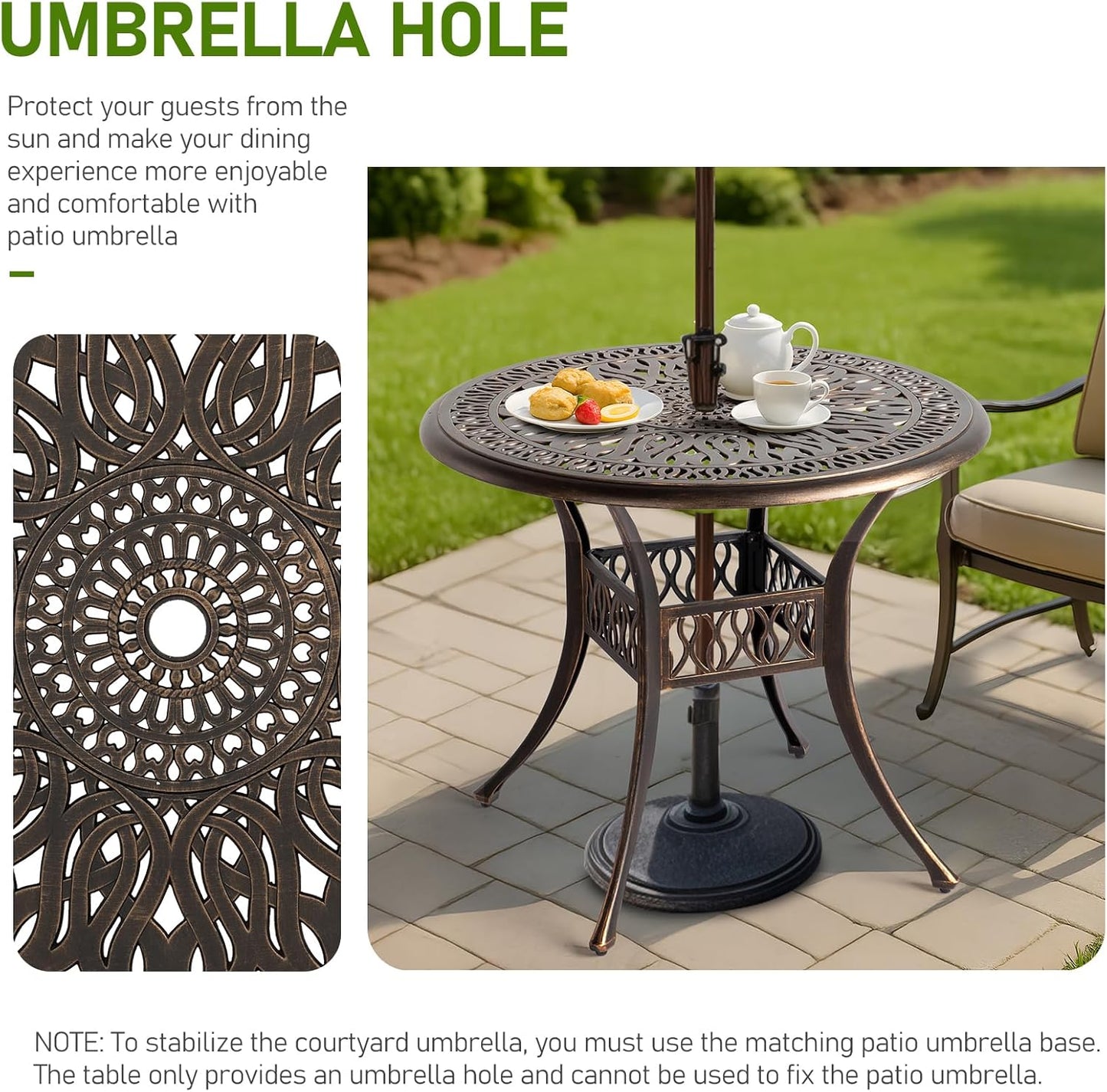Outvita Patio Side Table, 35.4in Outdoor Round Cast Aluminum Bistro Table with Umbrella Hole and Antique Design for Backyard Porch Pool Balcony Deck Bronze