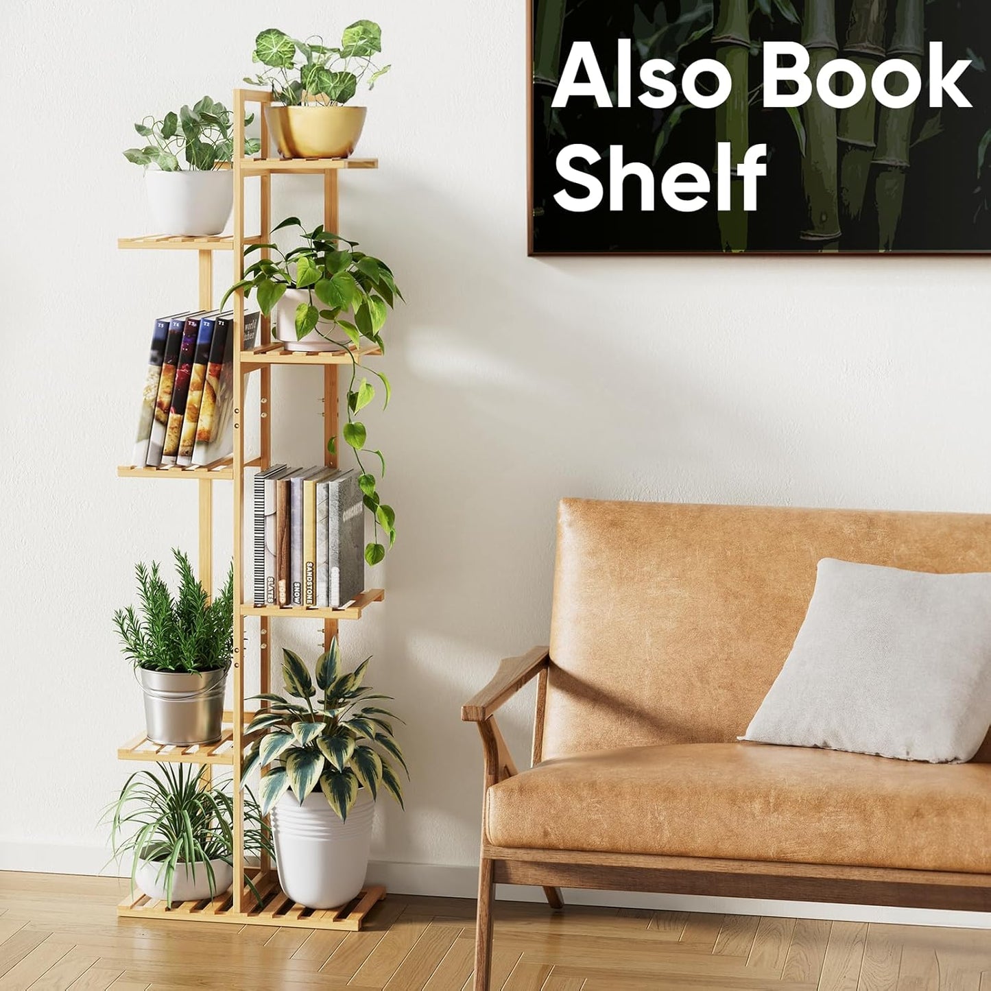 ROSSNY 55 Inch Tall Plant Stand Indoor, 7 Tier 8 Potted Bamboo Plant Stands for Indoor Plants, Corner Plant Stand, Plant Shelf For Indoor, Tiered Plant Stands, Planter Holder for Multiple Plants Indoor, Natural