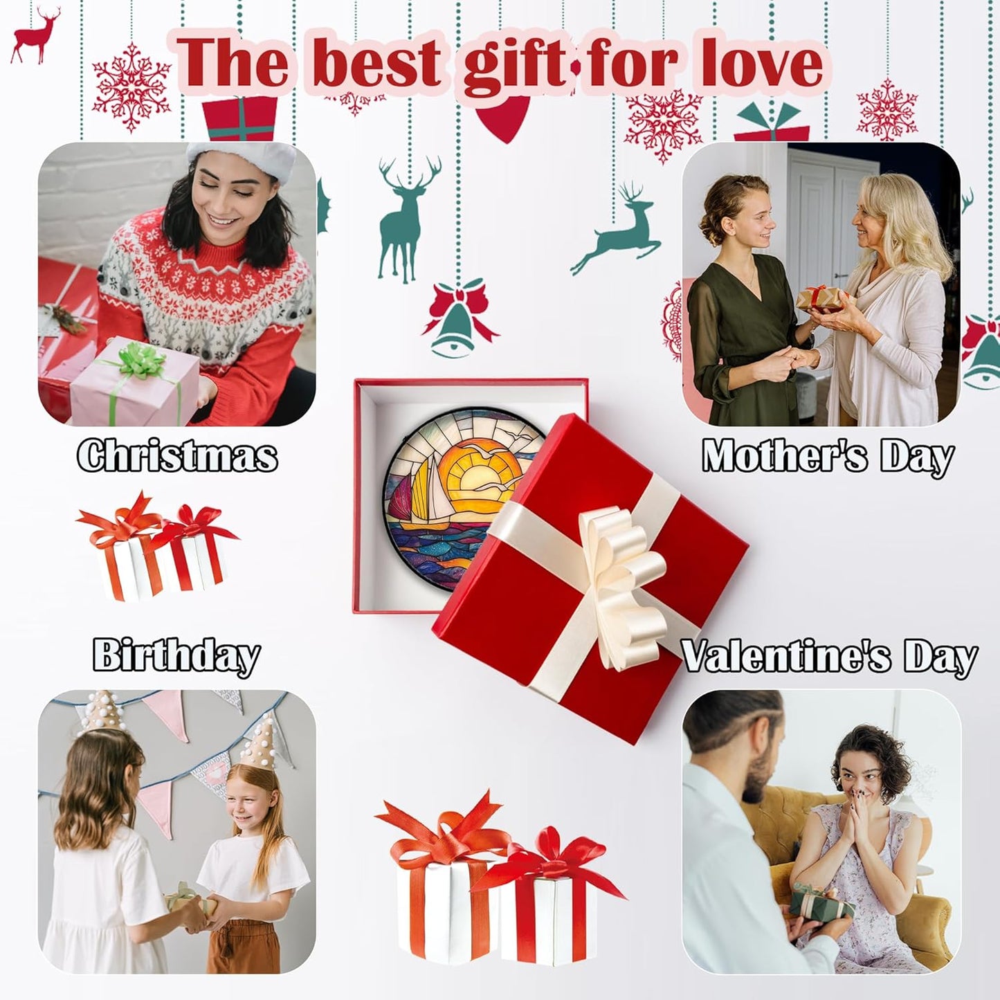 Stained Glass Window Hanging, Sailboat and Waves Suncatcher Diamond Glass Panel Hangings Sun Catchers Decor for Birthday for Women, Men, Wife, Aunt, and Mom 11.8x11.8 in