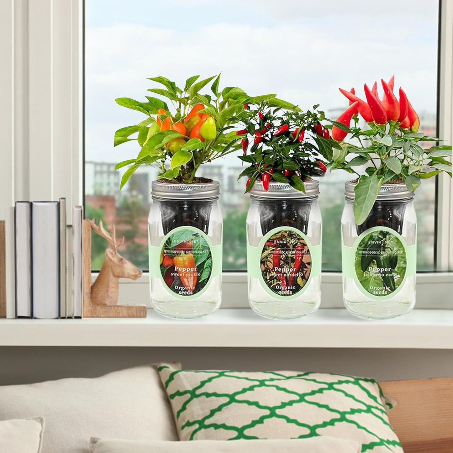 Hydroponic Mason Jar Indoor Garden Organic Seed Starter Kits - Pepper Trio Garden Growing Kits, Gardening Gift (Sweet Nardello Pepper, Jalapeño Early Pepper, Sweet Pickle Pepper)