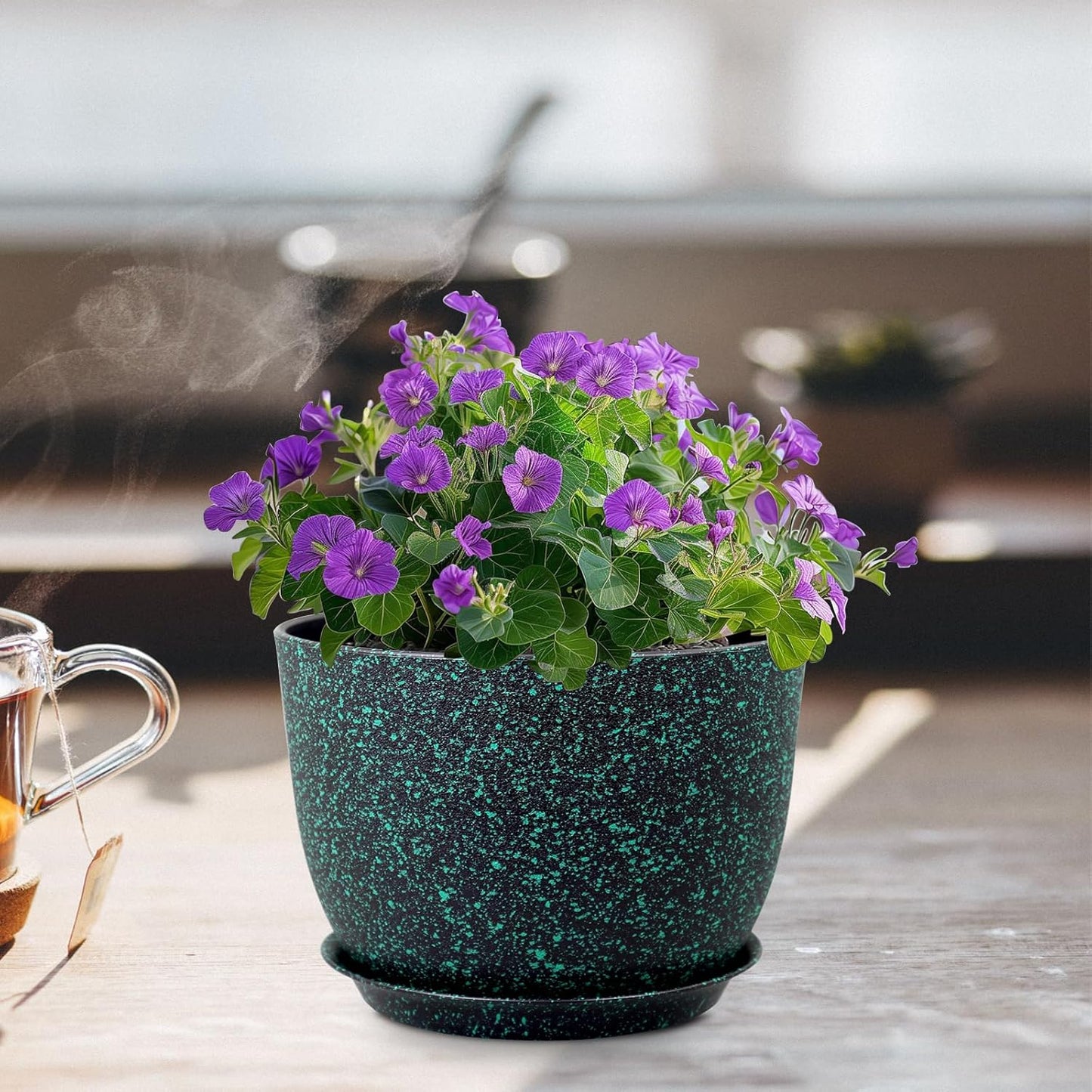 12 inch Large Plant Pots, Plastic Planters with Drainage Holes and Saucers, Flower Pots for Indoor Outdoor Plants, Decorative Pots for Garden House Plants, Black with Green Speckles