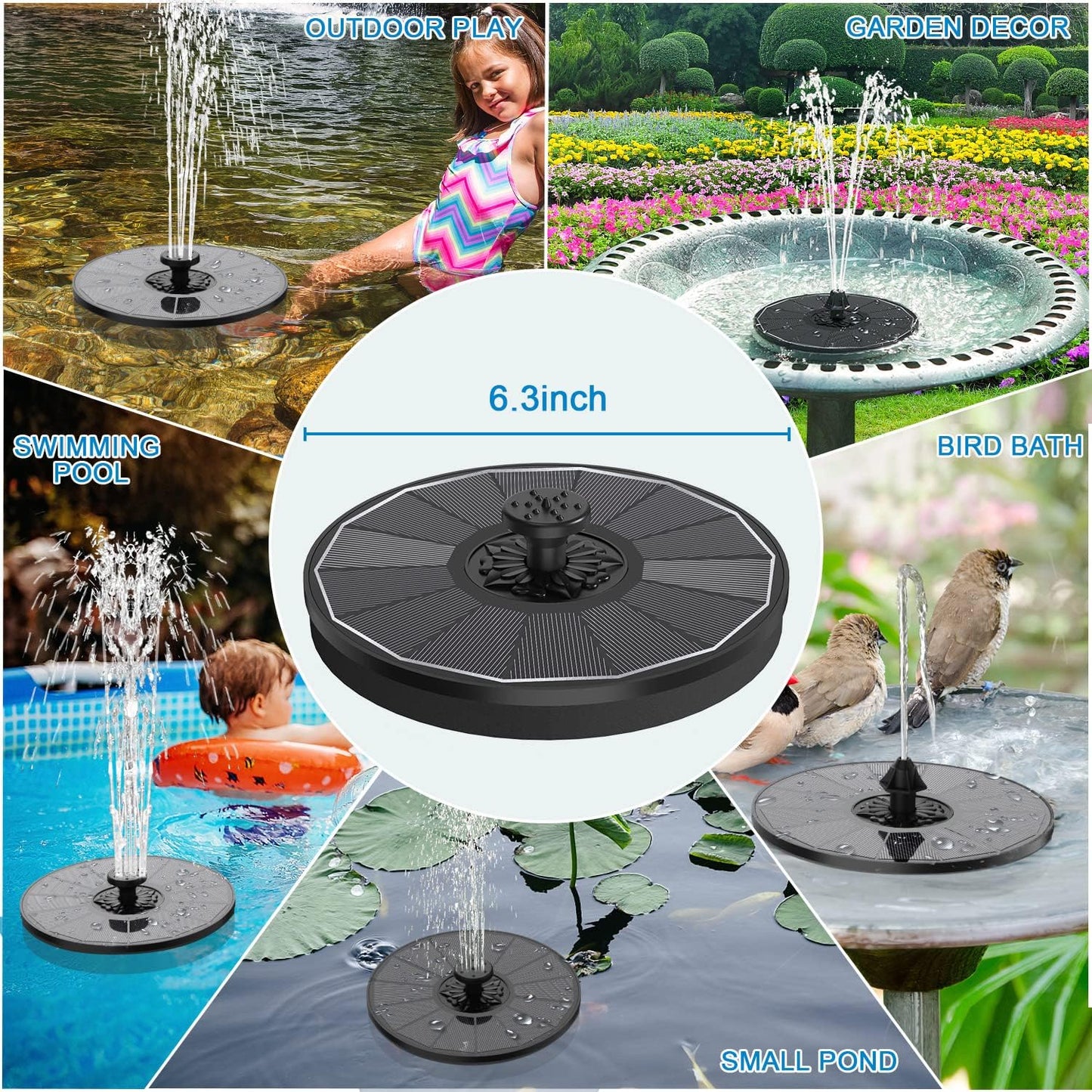 SZMP Solar Bird Bath Fountains,Working On Cloudy Day Solar Water Fountain 3.5W Glass Solar Panel 2000mAh Battery 4 Fixer 7 Nozzles Solar Fountain for Bird Bath Garden(Black Solar Panel)