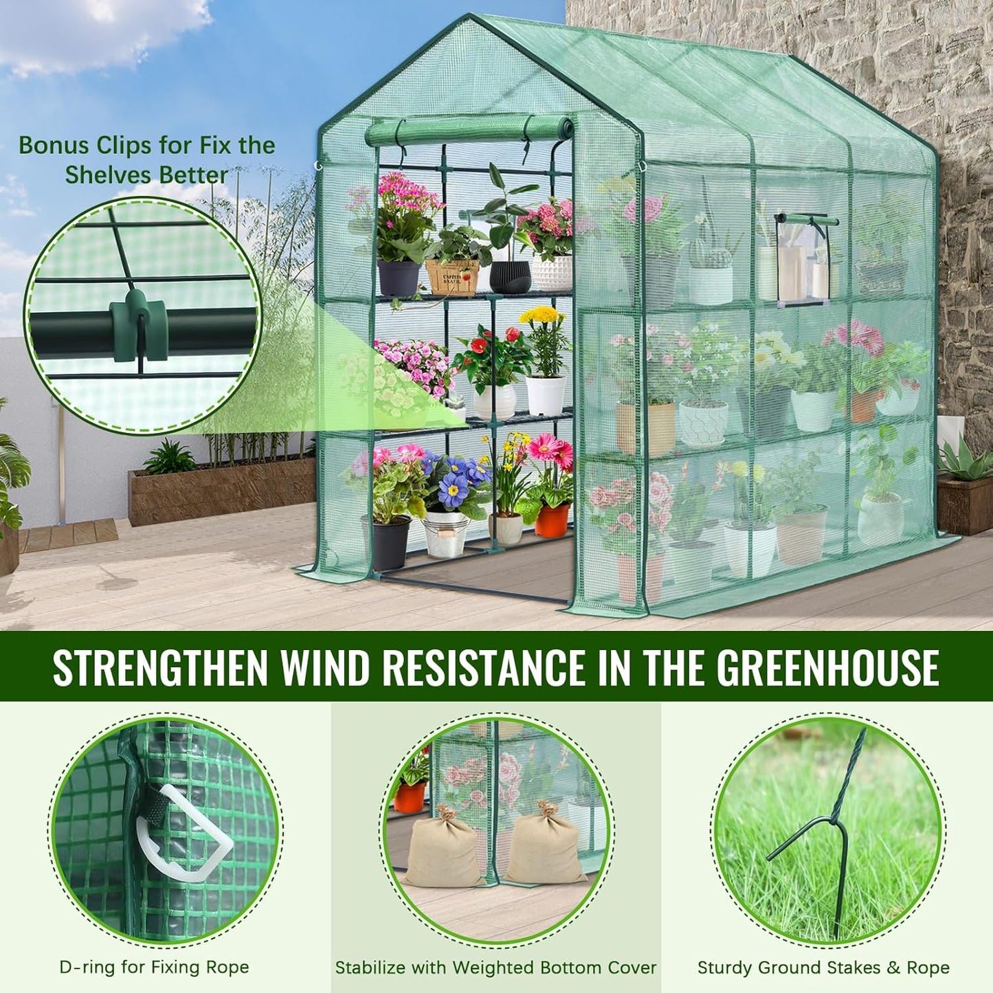 Greengro Greenhouse, 57 x 85 x 76'' Greenhouses for Outdoors, Portable Greenhouse Kit with Mesh Side Windows, PE Cover, 8 Shelves, Heavy Duty Walk in Green House for Backyard Garden Indoor Outside