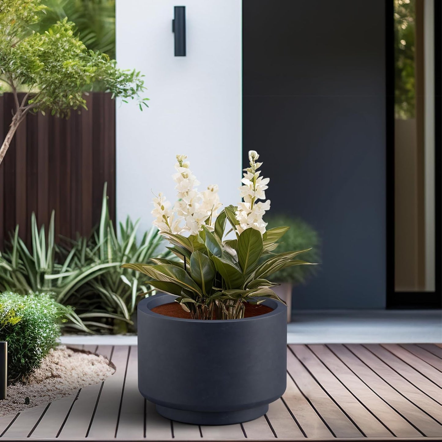 Kante 15.7 Inch Dia Concrete Planter, Round Pedestal Design Garden Pot for Indoor Outdoor Plants, Modern Flower Pot with Drainage Hole, Charcoal Finish with Warm Brown Interior