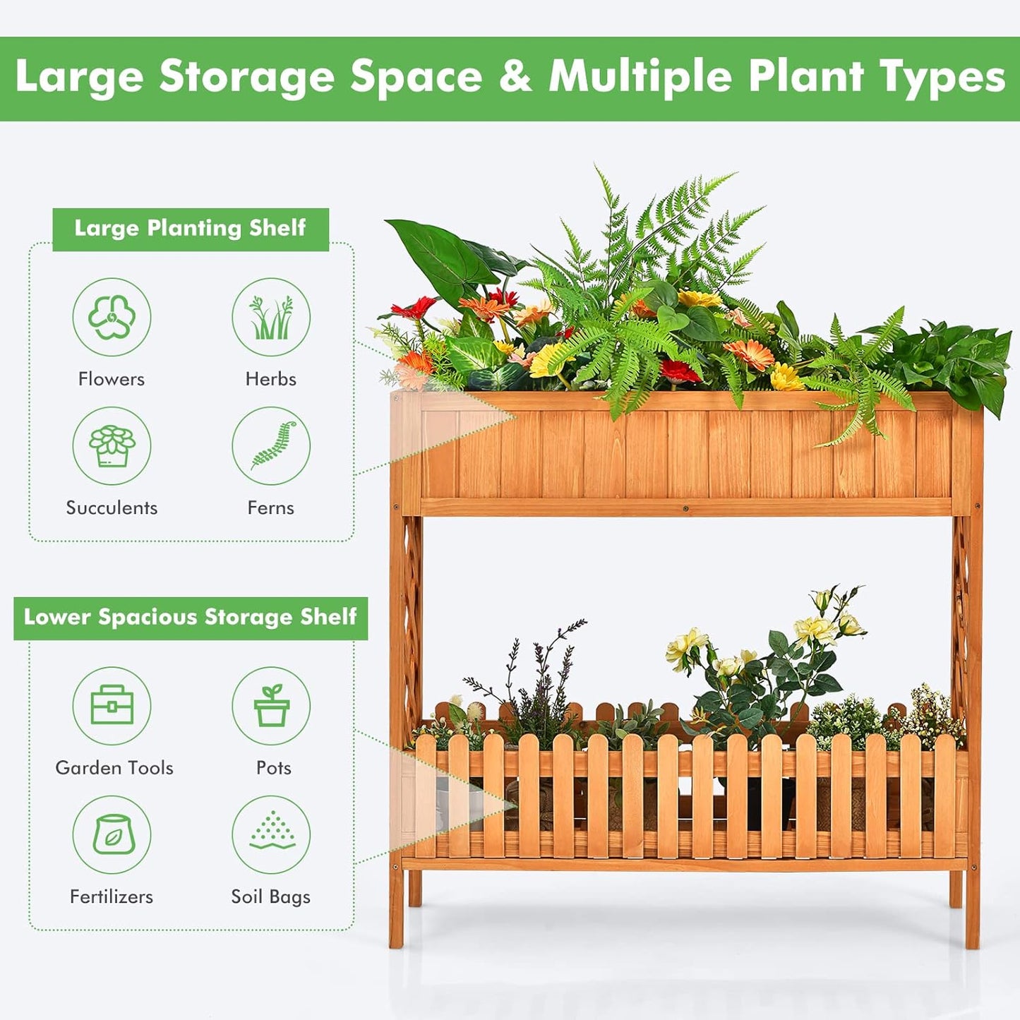 S AFSTAR 2-Tier Raised Garden Bed, Indoor Outdoor Flower Bed with Bottom Shelf Fence, 35.5â H Wood Elevated Planter Box for Vegetable Flower Herb Succulent, Ideal for Patio Balcony Backyard