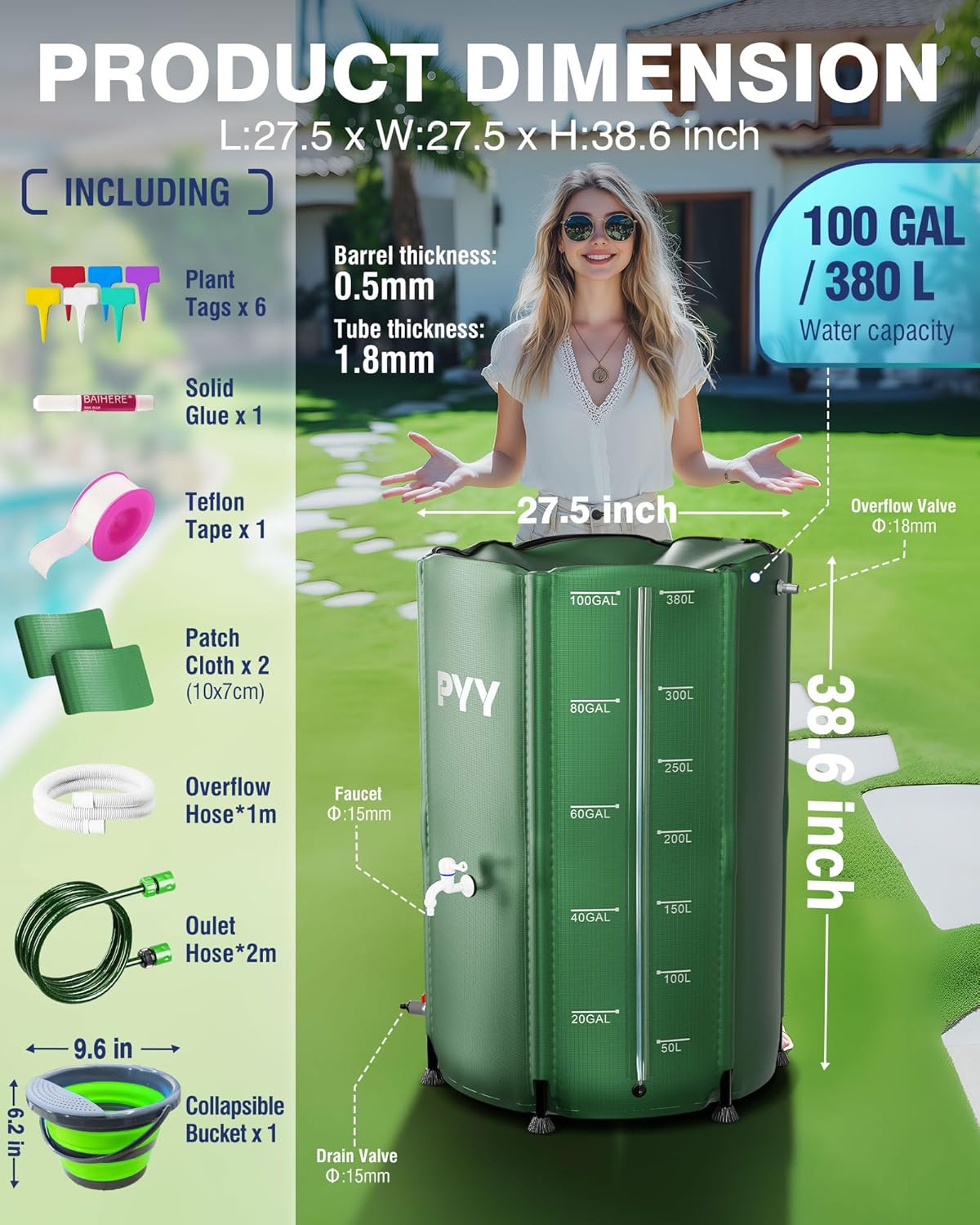 PYY Rain Water Collection Barrel - 100 Gallon Green Water Storage Tank with Spigots, Hose and Portable Bucket, Large Plastic Collapsible Rain Catcher Catchment System to Collect Rainwater from Gutter