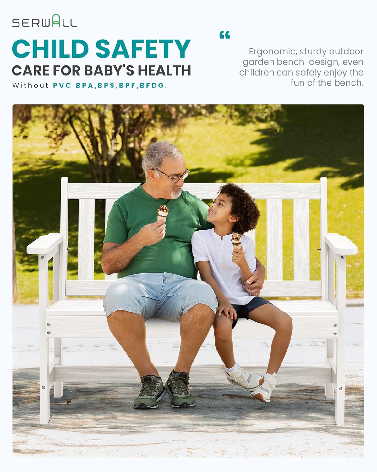 SERWALL Outdoor Bench, HDPE Outdoor Benches Weatherproof, 2-Person Garden Bench with 660 lbs Weight Capacity, Patio Benches for Outdoors, Garden, Porch, Backyard and Park, White, 4 Pack