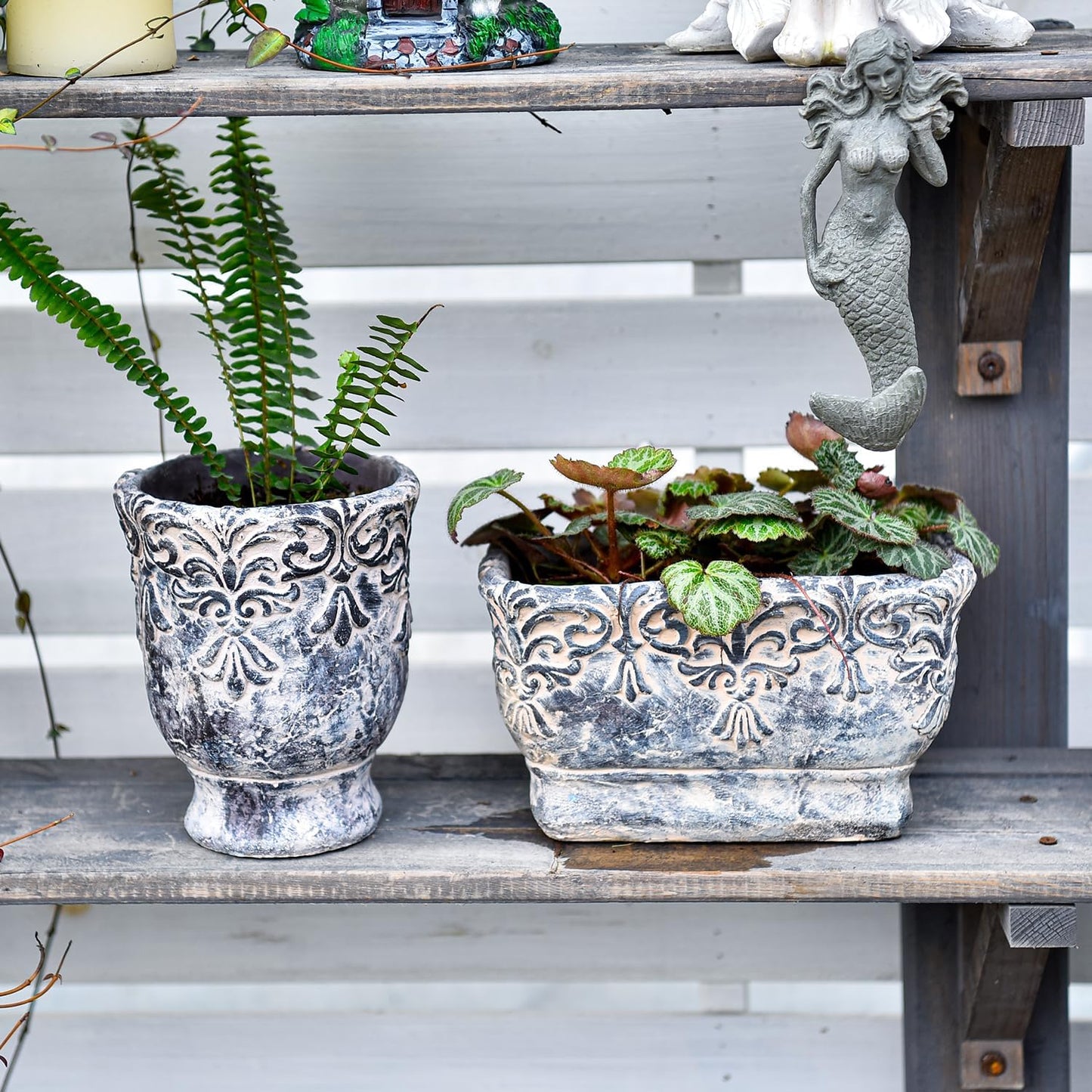 Sungmor 9.2 Inch Cement Plant Pot for Plants, Succulent Planter with Embossed Design, Vintage Concrete Flowerpots with Drainage Hole, Decorative Orchid Houseplant Pot Indoor Outdoor Plant Container