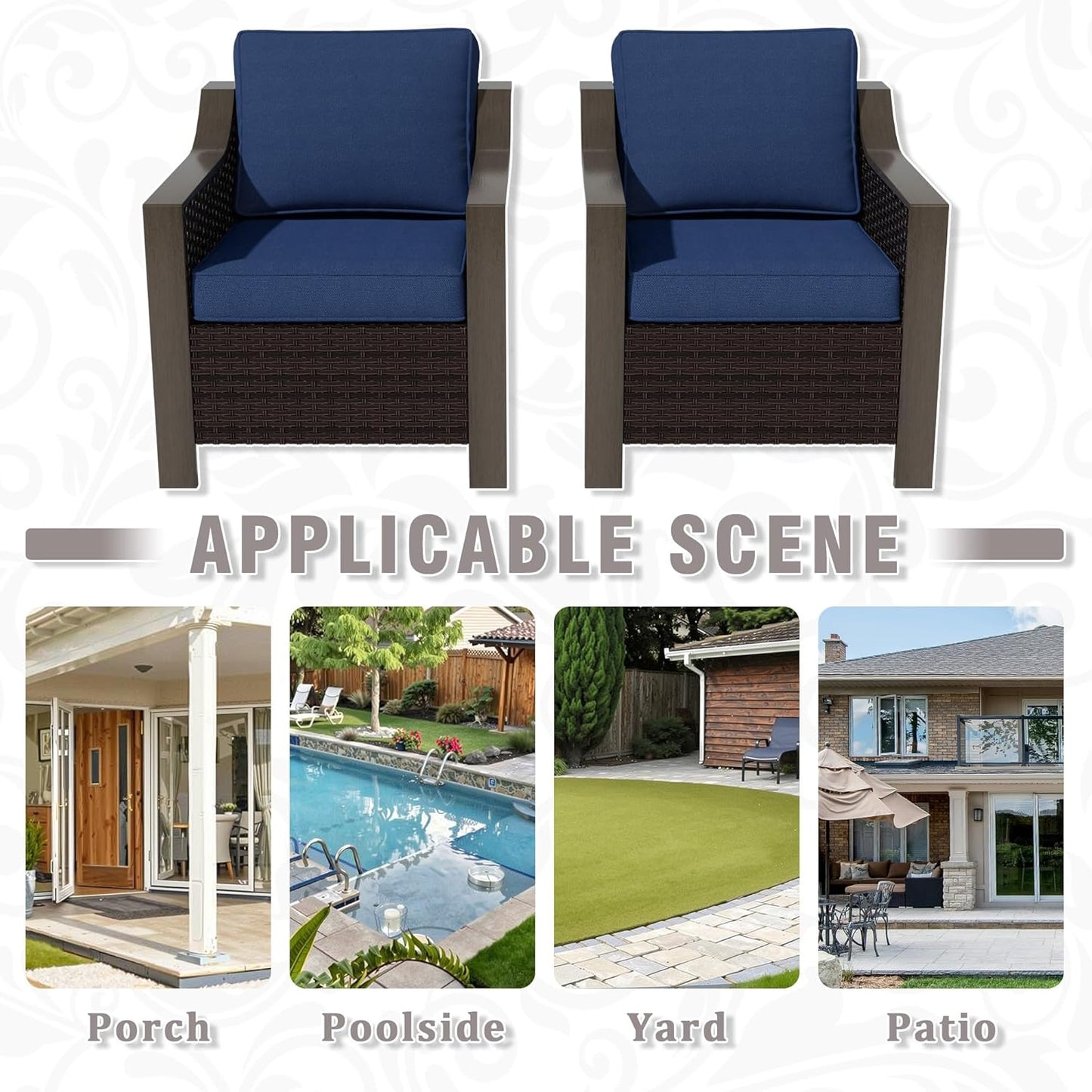 Outdoor Wicker Chair Set of 2, All-Weather Use Patio Rattan Chair with Removable Water-Resistant Cushion, Ideal for Porch, Backyard, Balcony, Poolside, Blue