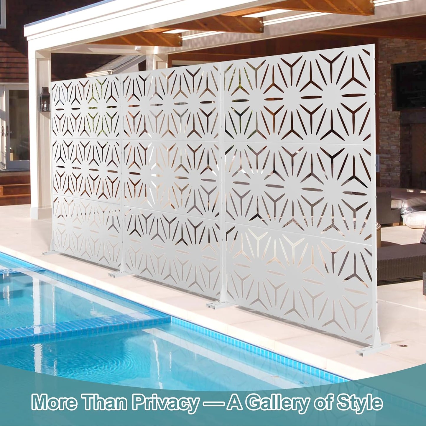 Metal Privacy Screen Outdoor Freestanding Privacy Wall Panels and Decorative Patio Dividers, Crafted from Steel with Sun-Proof Design, Ideal for Patio, Deck, Garden,72" H×47" L,(White&Star)