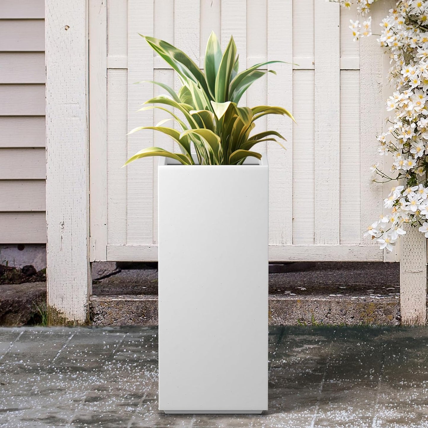 Kante 27.6" H Tall Rectangular Concrete Planter, Modern Square Diameter Plant Pot with Drainage Hole and Rubber Plug for Indoor Outdoor Home Patio Garden, Pure White