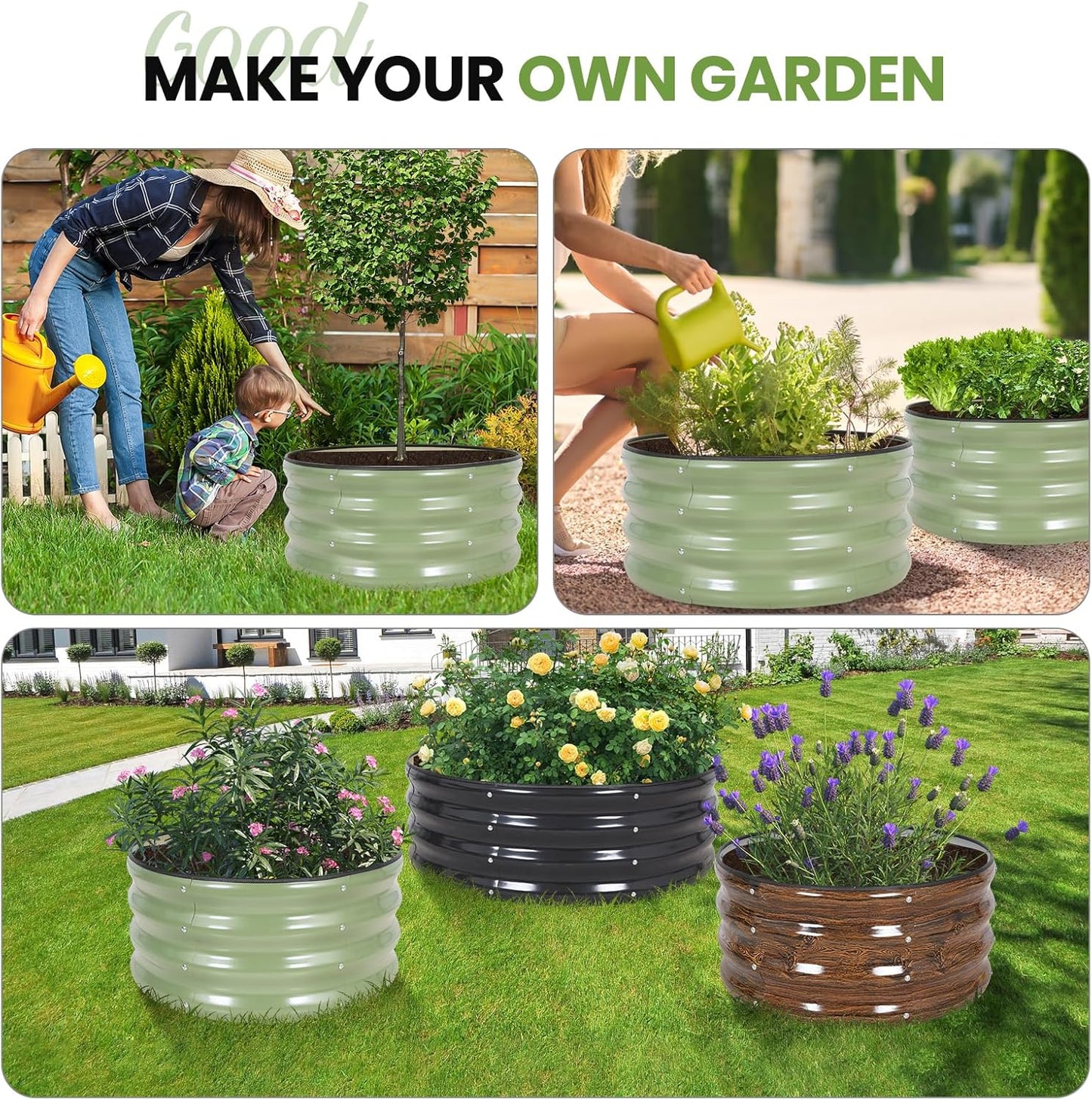 G GOOD GAIN Round Raised Garden Bed - 2Pcs 2x2x1ft Galvanized Steel Planter Boxes Outdoor with Rubber Edge Trim | Metal Raised Beds for Gardening Vegetables Flowers Fruits Herbs (Olive Green)