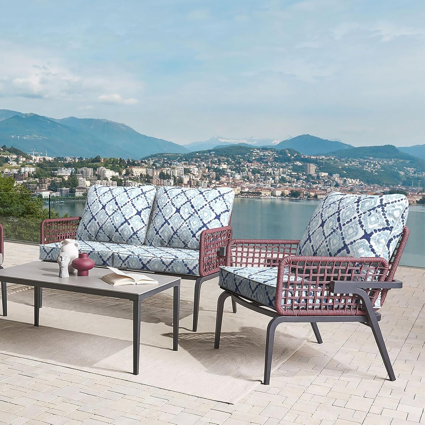 LVTXIII Outdoor Deep Seat Cushion Patio Seat and Back Cushion Set Seasonal Chair Cushion with Removable Cover and Adjustable Buckle for Home and Garden, 24"x24"x4", Boho Geometry Blue