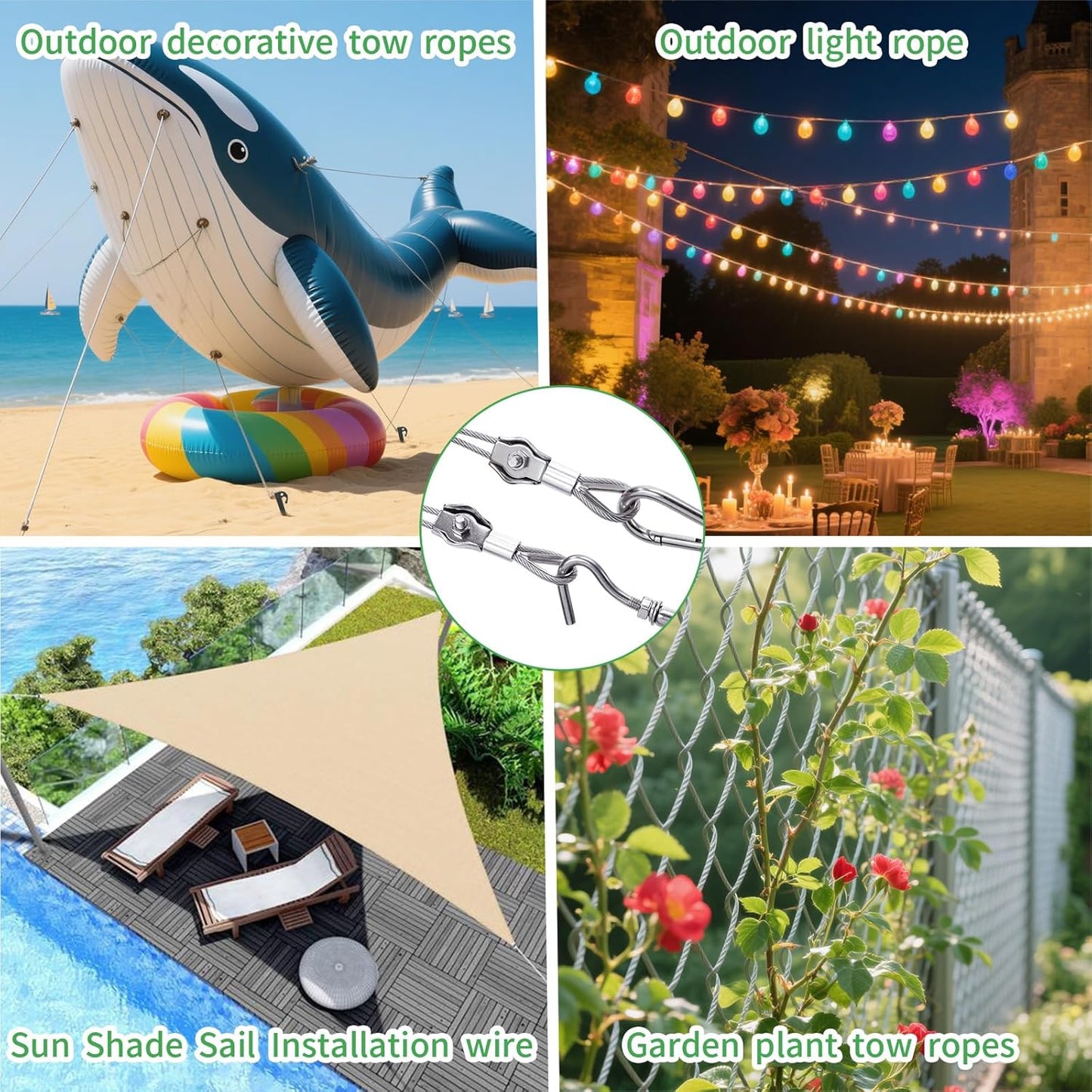 3/38" Wire Cable Rope Kit ,Vinyl Coated 304 Stainless Steel Wire – 300FT 7x7 Strand Cable with Turnbuckles,Shade Sail & Hanging Lights Hardware Kit for Outdoor, Garden,Patio, Crafts,