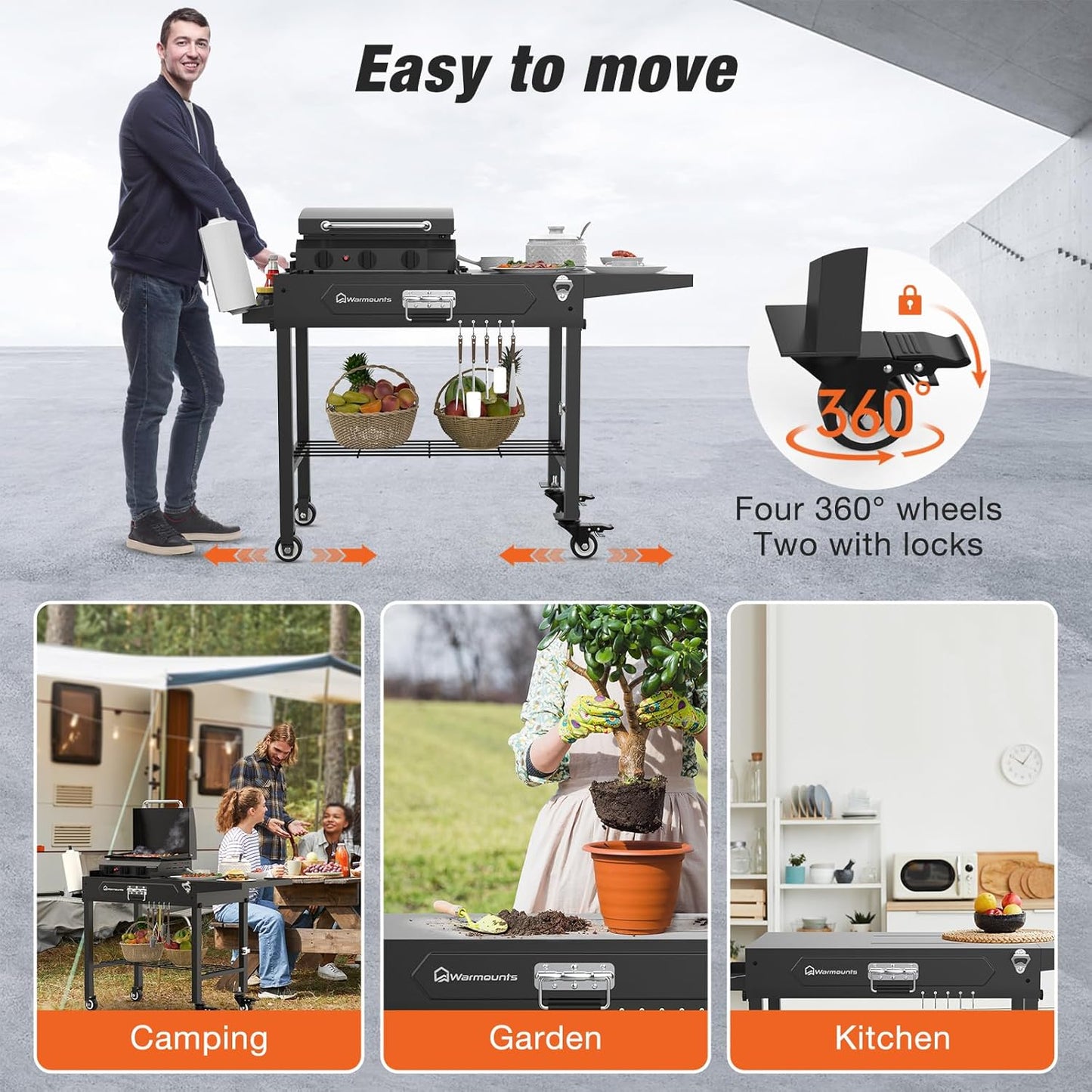 Grill Table for Outside, Portable Folding Grill Cart with Wheels and Adjustable Tabletop, 400 Lbs Weight Capacity, Movable Griddle Stand Fit 17'' or 22'' for Camping, BBQ, Cooking