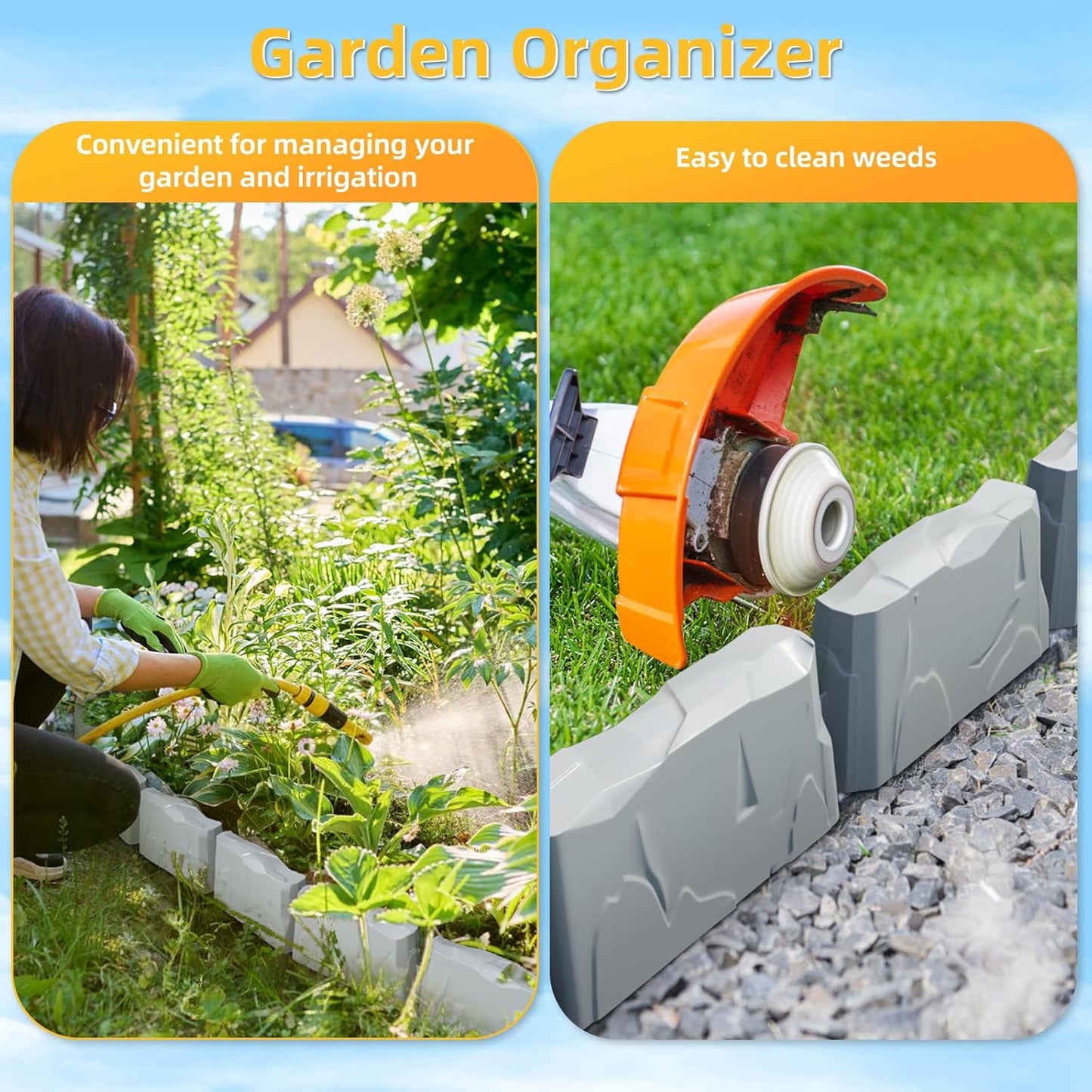 16 Pack(24FT) Landscape Edging w/ 48 Spikes | Flexible Plastic Border for Outdoor, Walkway, Lawn & Weed Control | 24" L x 3" H Faux Stone Edging for Landscaping,Garden Edging Border Stone(Gray) 