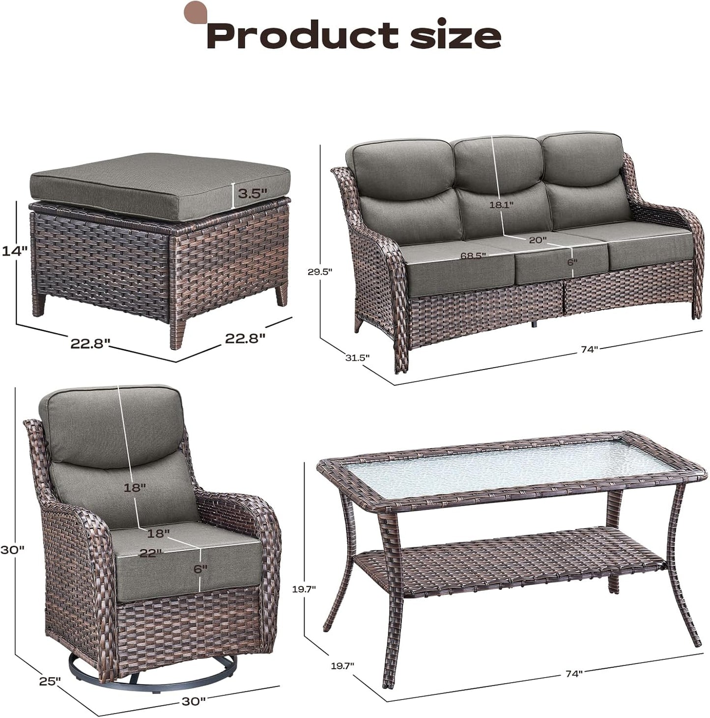 Wicker Outdoor Patio Furniture Set - 6 Piece Patio Conversation Sets with Swivel Rocker Chairs, Ottomans, Sofa and Table, 6 inch Cushions, Deep Seating, for Porch Deck Brown/Grey