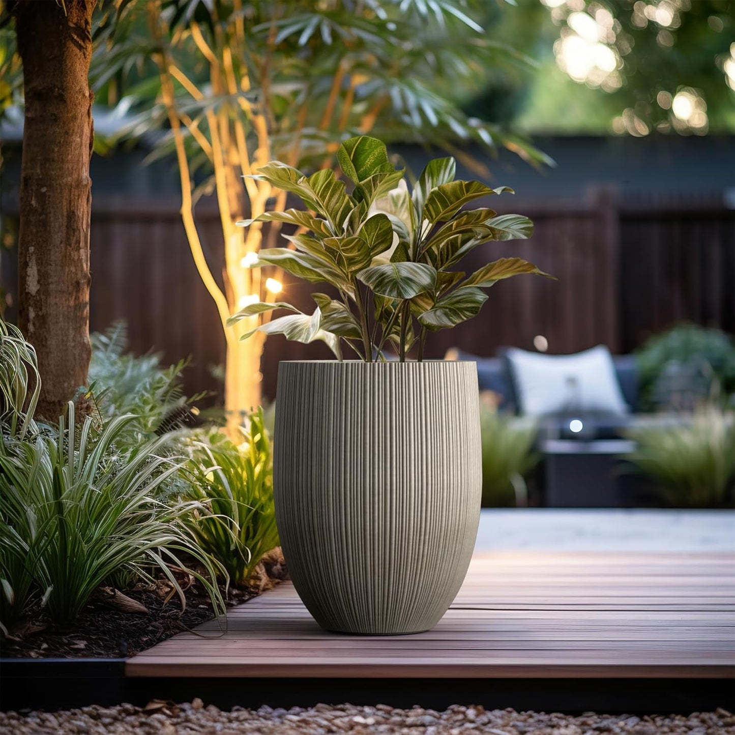 Kante Round Fluted Concrete Planter, 16.9-Inch Dia Barrel-Style Pot with Drainage Hole, Weathered Finish with Warm Brown Interior, 13.7" Opening, for Indoor and Outdoor Use