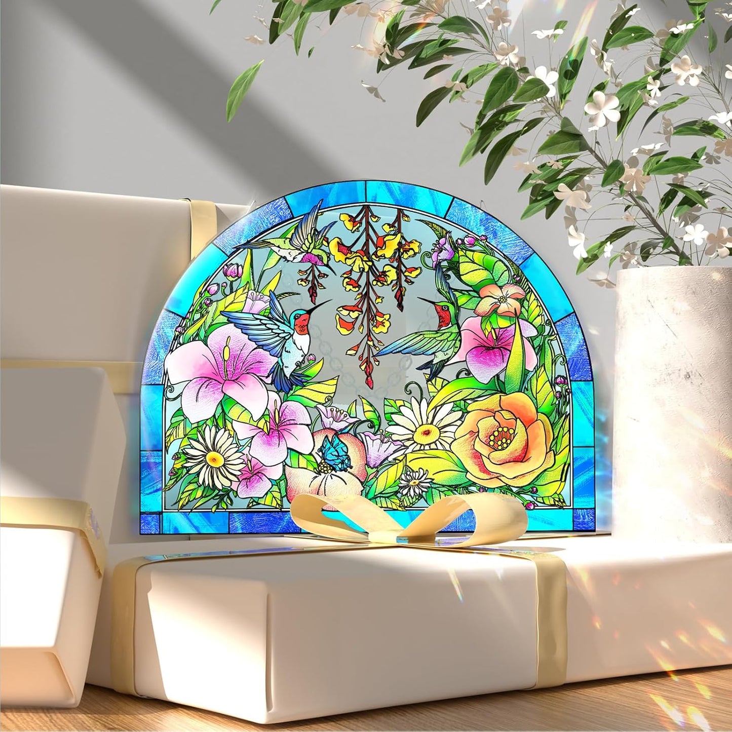 Hummingbird Stained Glass Suncatcher, Stained Glass Birds Suncatcher Window Hanging, Unique Hummingbird Gifts for Bird Lover