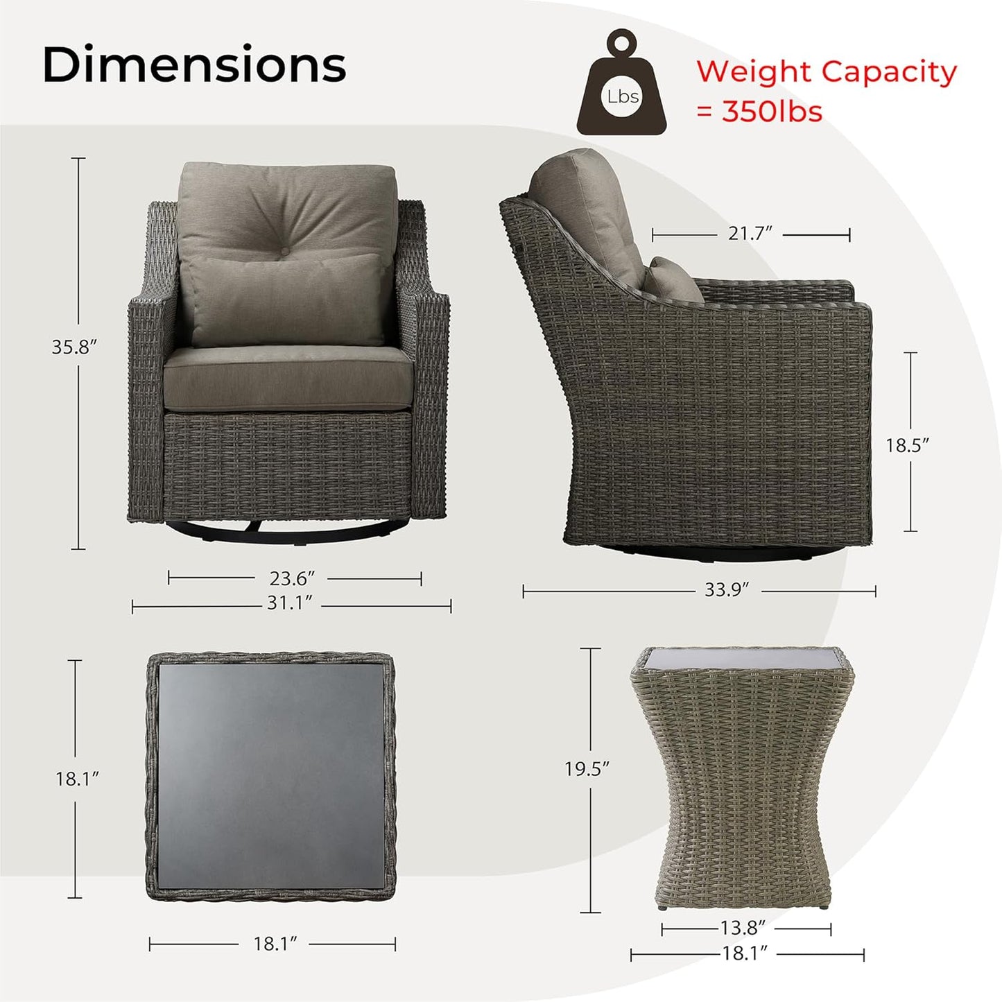 CHITA 3 Pieces Wicker Patio Bistro Set, Outdoor Furniture Set with 2 Pieces Rattan Rocking Swivel Chairs, Thickened Cushions and Side Table