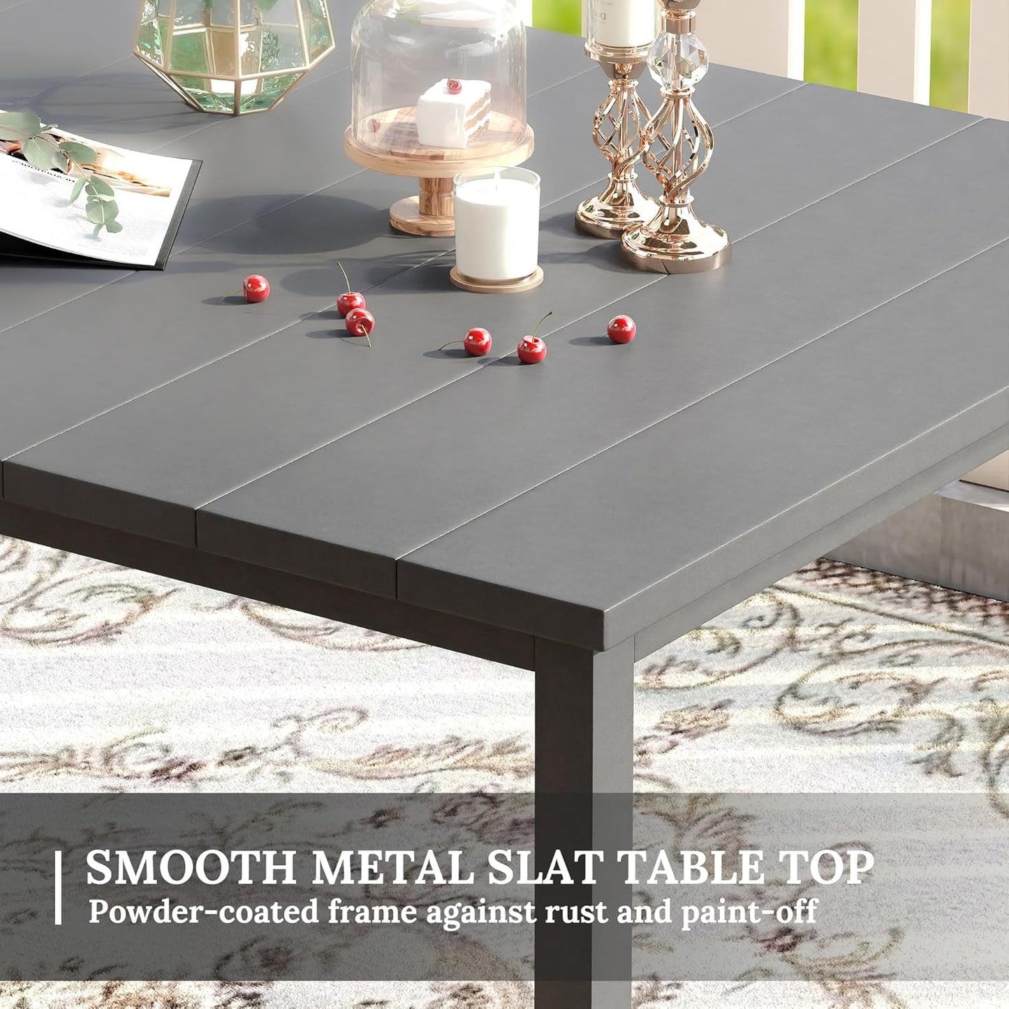 VICLLAX 63" Rectangle Patio Dining Table for 6, Outdoor Dining Table with Umbrella Hole, All Weather 6 Person Metal Patio Table for Lawn Garden, Grey Tabletop