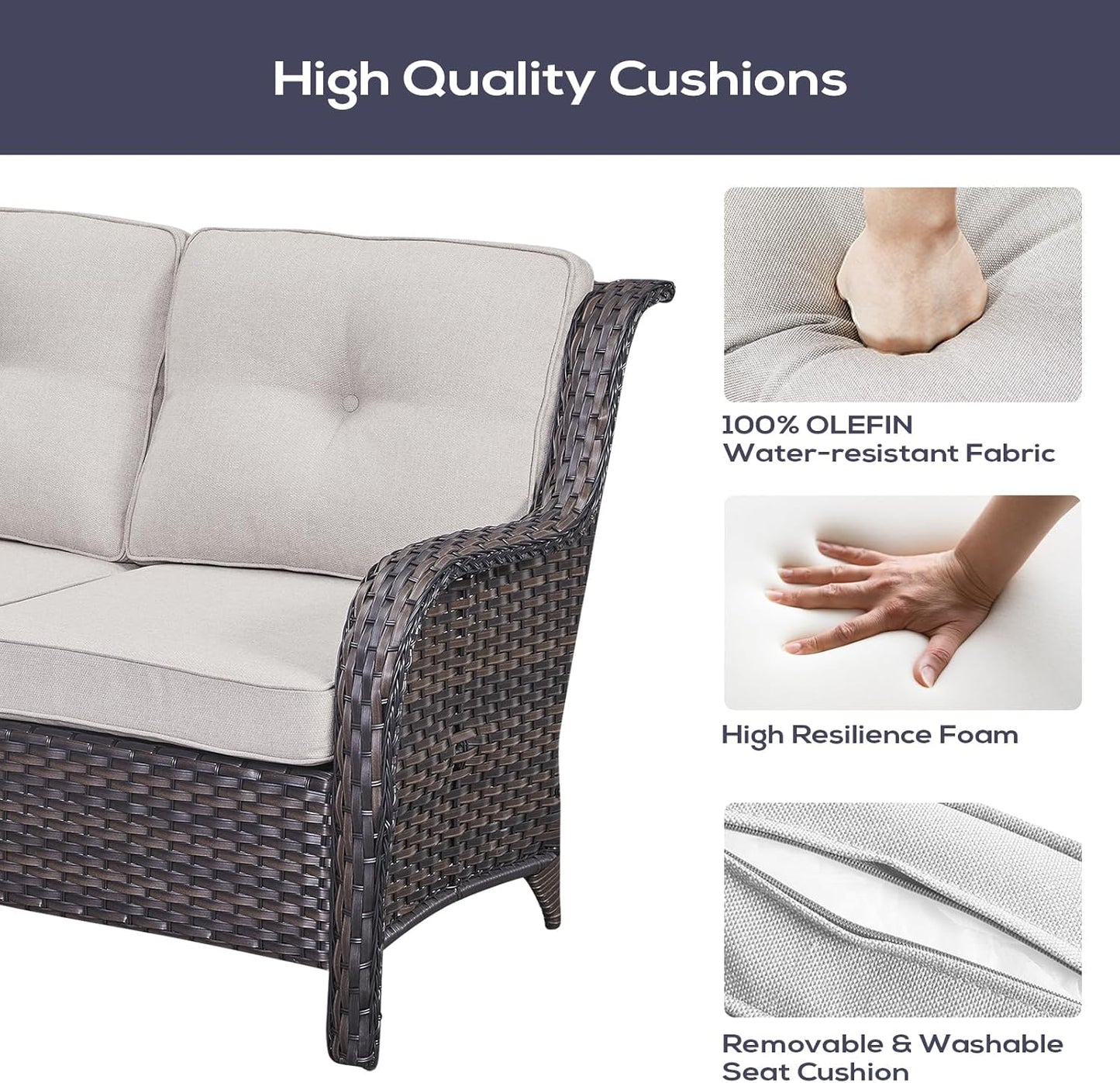 Outdoor Sectional Sofa Furniture Set with Propane Fire Pit Table, Wicker Patio Conversation Set with 2 Swivel Glider Rocker Chairs Beige Cushion Perfect for Backyard Casual Gathering