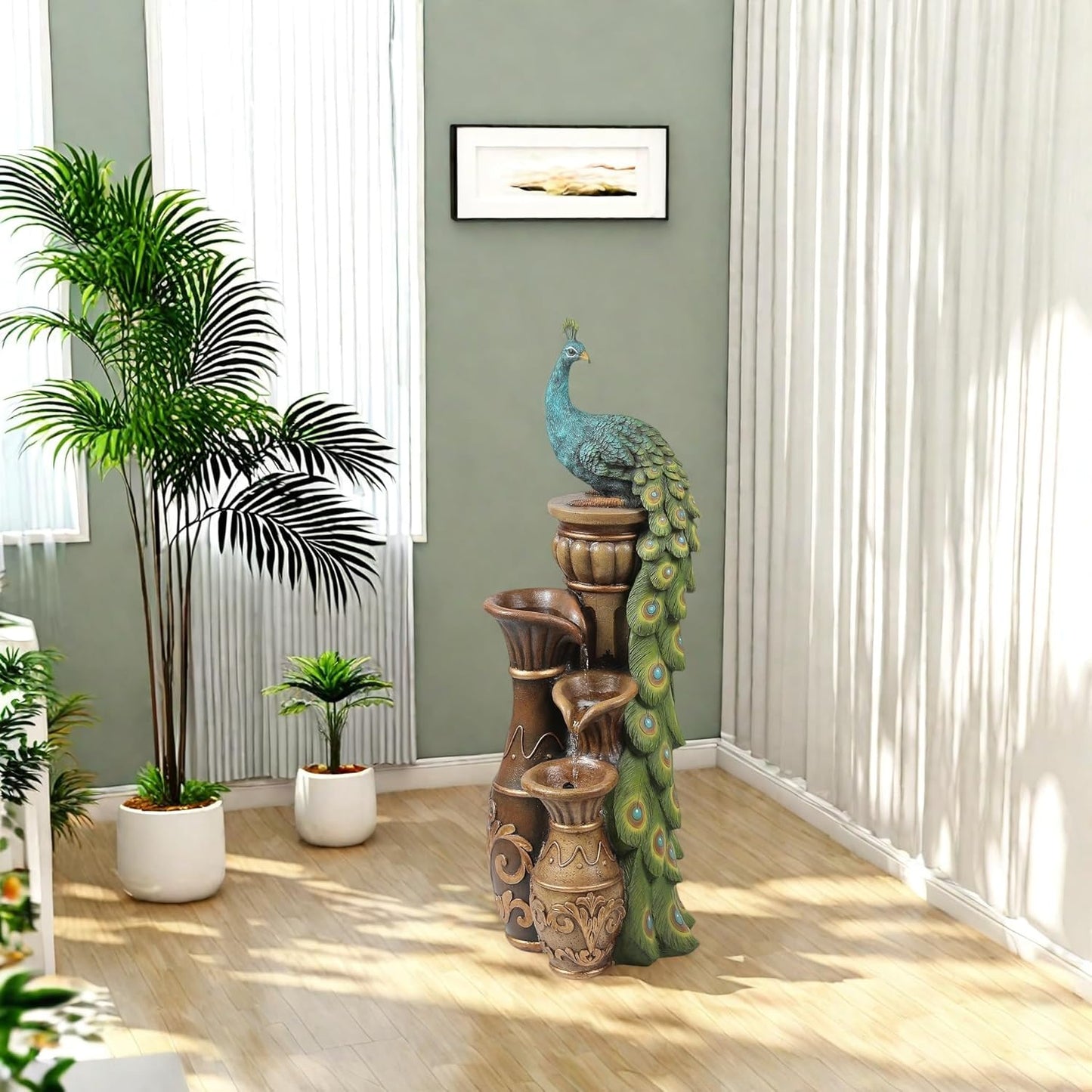 LuxenHome Outdoor Water Fountain, 44 Inch Resin Peacock Water Fountain Outdoor with Urns and LED Light, Tall Fountains Outdoor for Garden, Waterfall for Patio, Brown/Teal