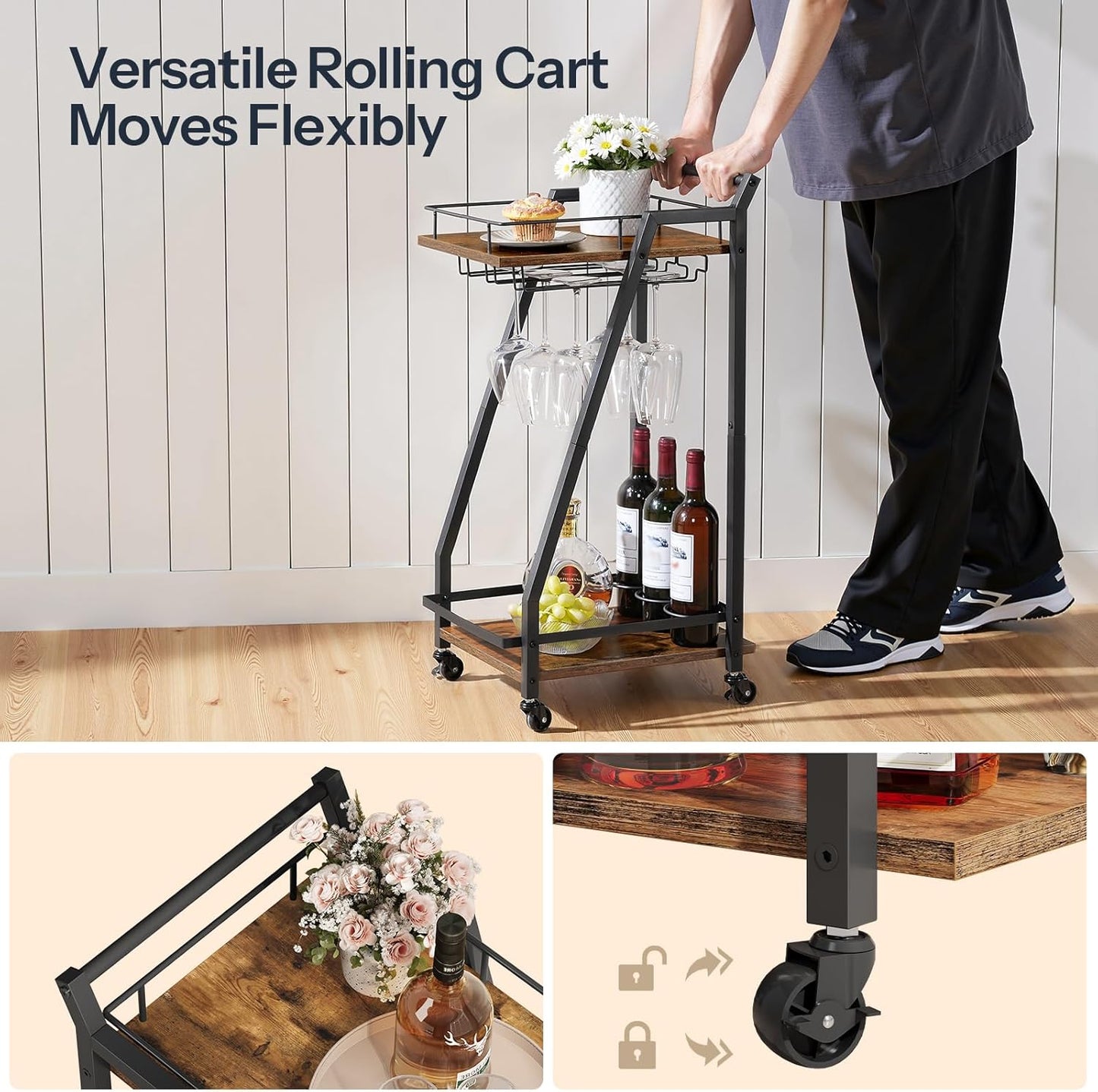 HOOBRO Bar Cart, Home Bar Serving Cart, Kitchen Cart, Rolling Beverage Cart & Wine Rack and Glass Holder 2 Storage Shelves, Cocktail Cart for Home Dining Party, Rustic Brown and Black BF27TC01