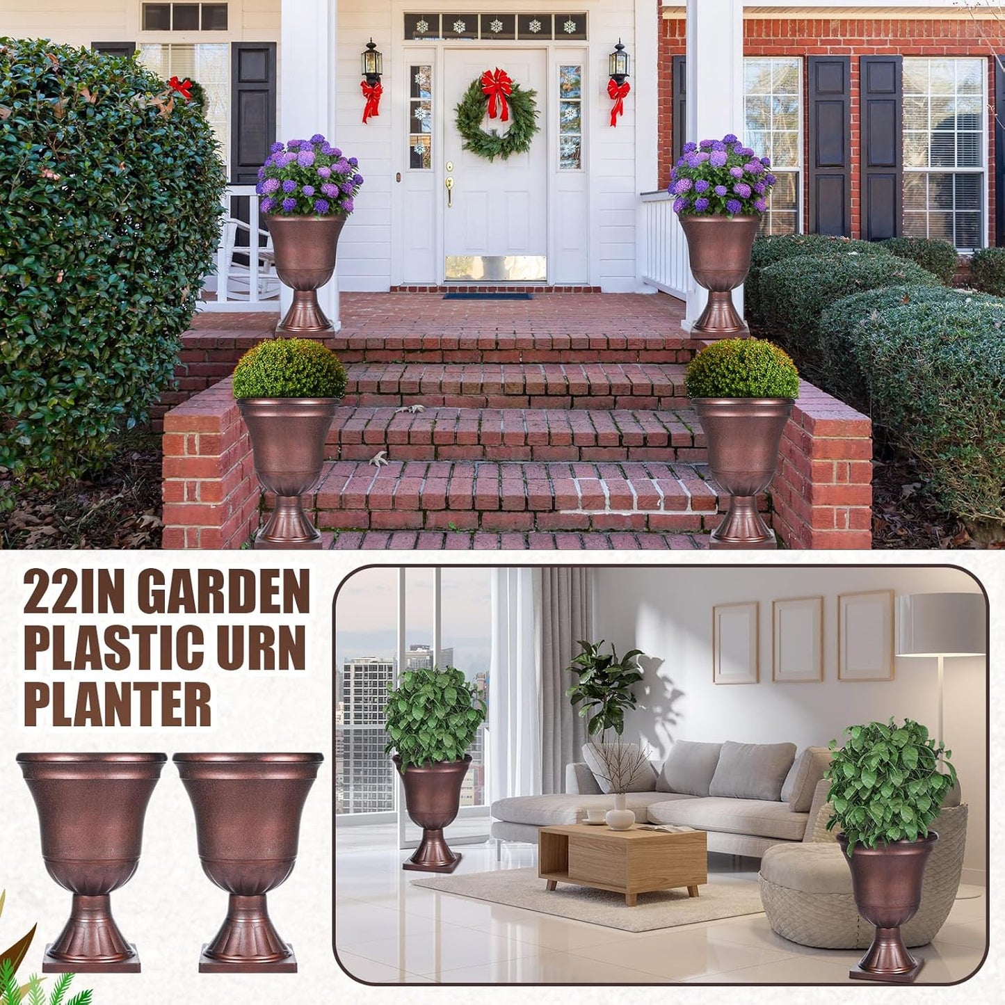 Dandat 4 Pack Large Outdoor Urn Planter 22 inch Tall Plastic Planter for Front Proch Classic Vase Decorative Garden Pot for Indoor Outdoor Door Patio Deck Decor (Vintage Copper)