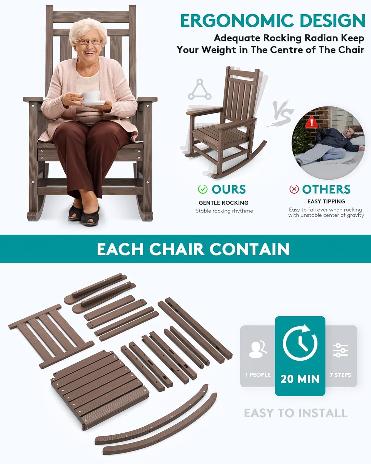 SERWALL Outdoor Rocking Chair Set of 4, HDPE Rocking Chairs for Adult, All Weather Porch Rockers for Lawn Garden, Brown