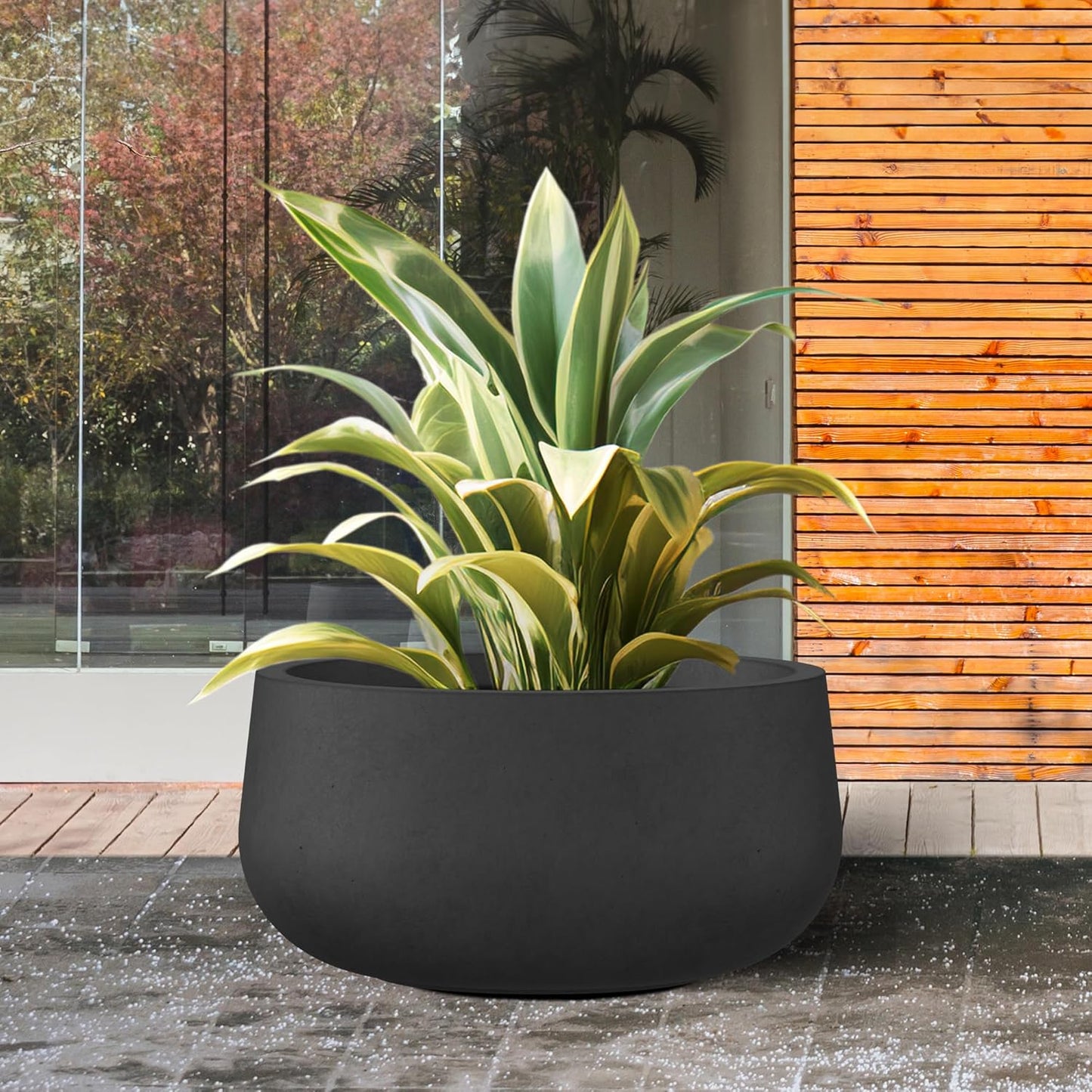Kante 15.7" Dia Round Concrete Planter, Outdoor Indoor Garden Plant Pots with Drainage Hole and Rubber Plug, Modern Curvaceous Design, Black