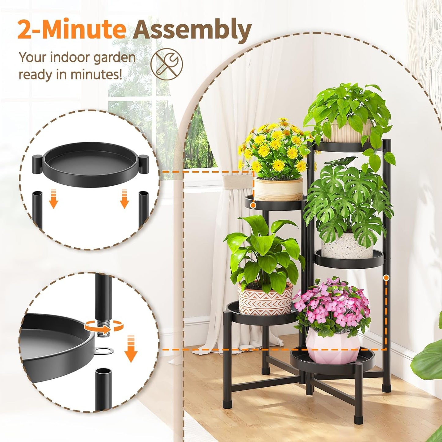 LASZOLA 5 Tiered Folding Tall Plant Stand Indoor for Multiple Large Planter, Heavy Duty Metal Adjustable Flower Rack for Narrow Corner, Sturdy Vertical Spiral Shelving Holder for Modern House, Black