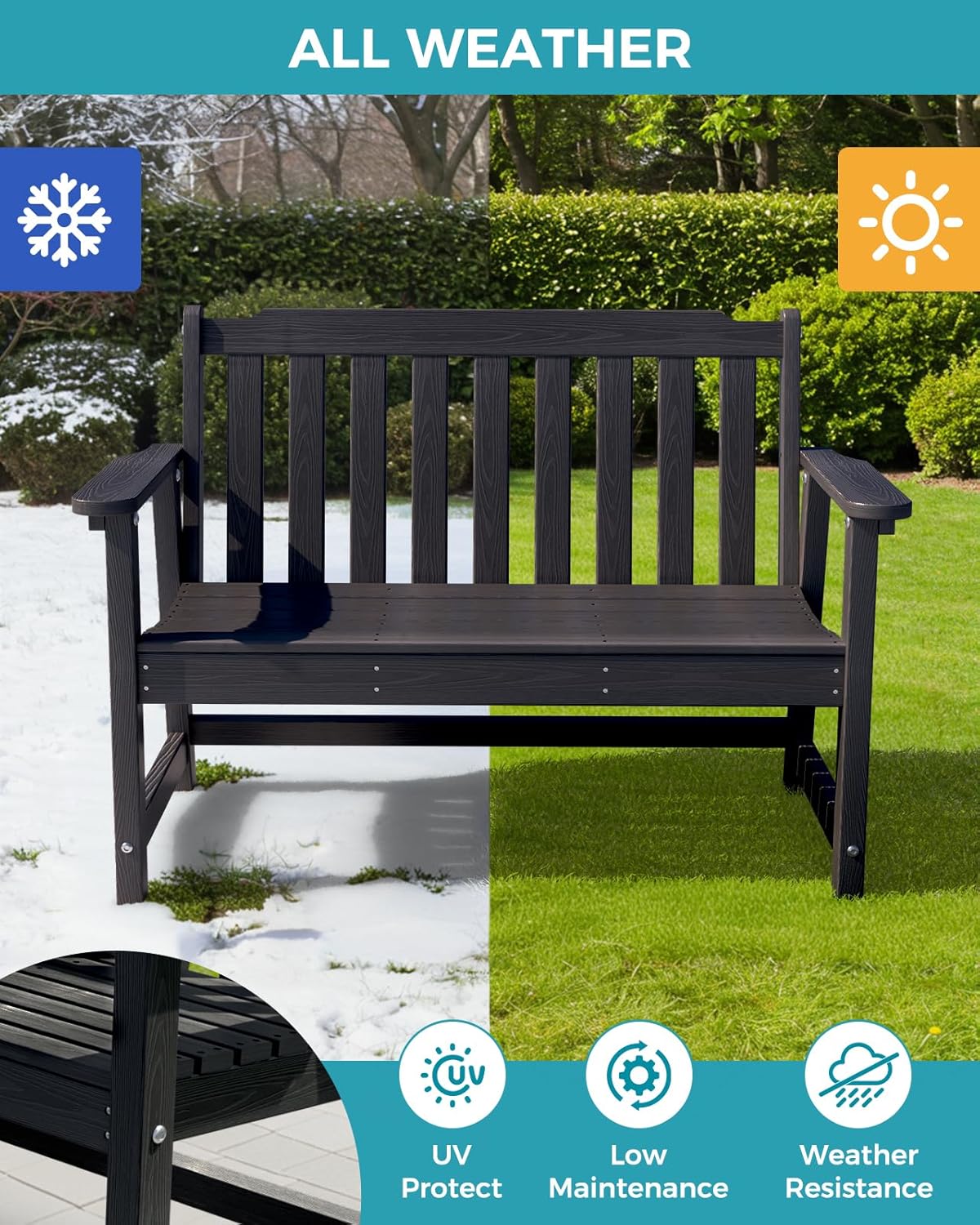 Outdoor Bench, 2-Person HDPE Garden Bench, All Weather Poly Patio Bench for Outdoors, Garden, Backyard, Porch and Park, 660 lbs Weight Capacity, Black, 2 Pack