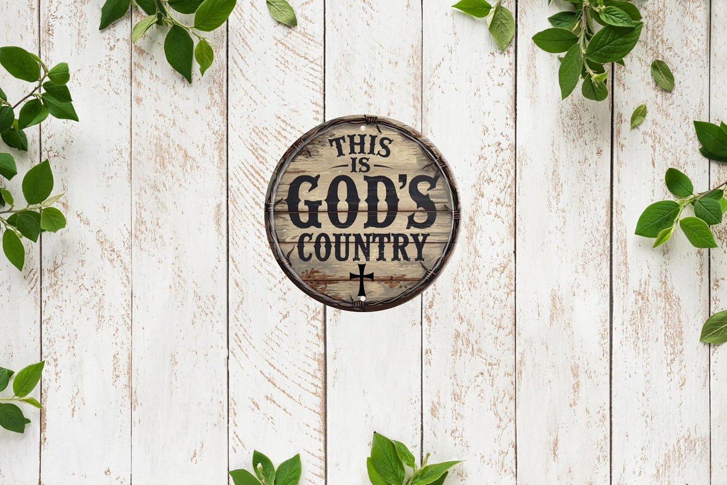 God's Country Welcome Sign for Front Door Round Metal Door Sign 8x8 Inch Home Art Office Coffee Shop or Bedroom Decor Gift Creativity