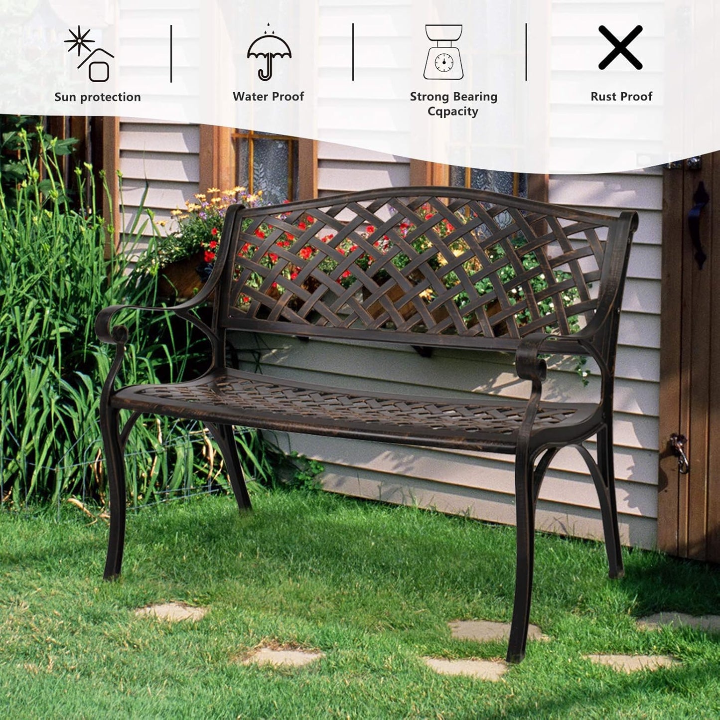 VINGLI 40.5" Patio Garden Bench,Anti- Rust Cast Iron Cast Aluminum Frame for Outdoor Path Yard Lawn Work Entryway Decor Deck (Brown)