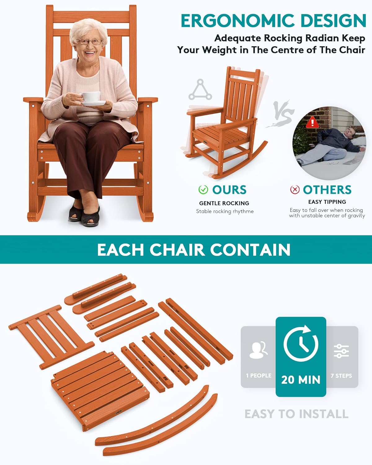 SERWALL Outdoor Rocking Chair Set of 4, HDPE Rocking Chairs for Adult, All Weather Porch Rockers for Lawn Garden, Orange