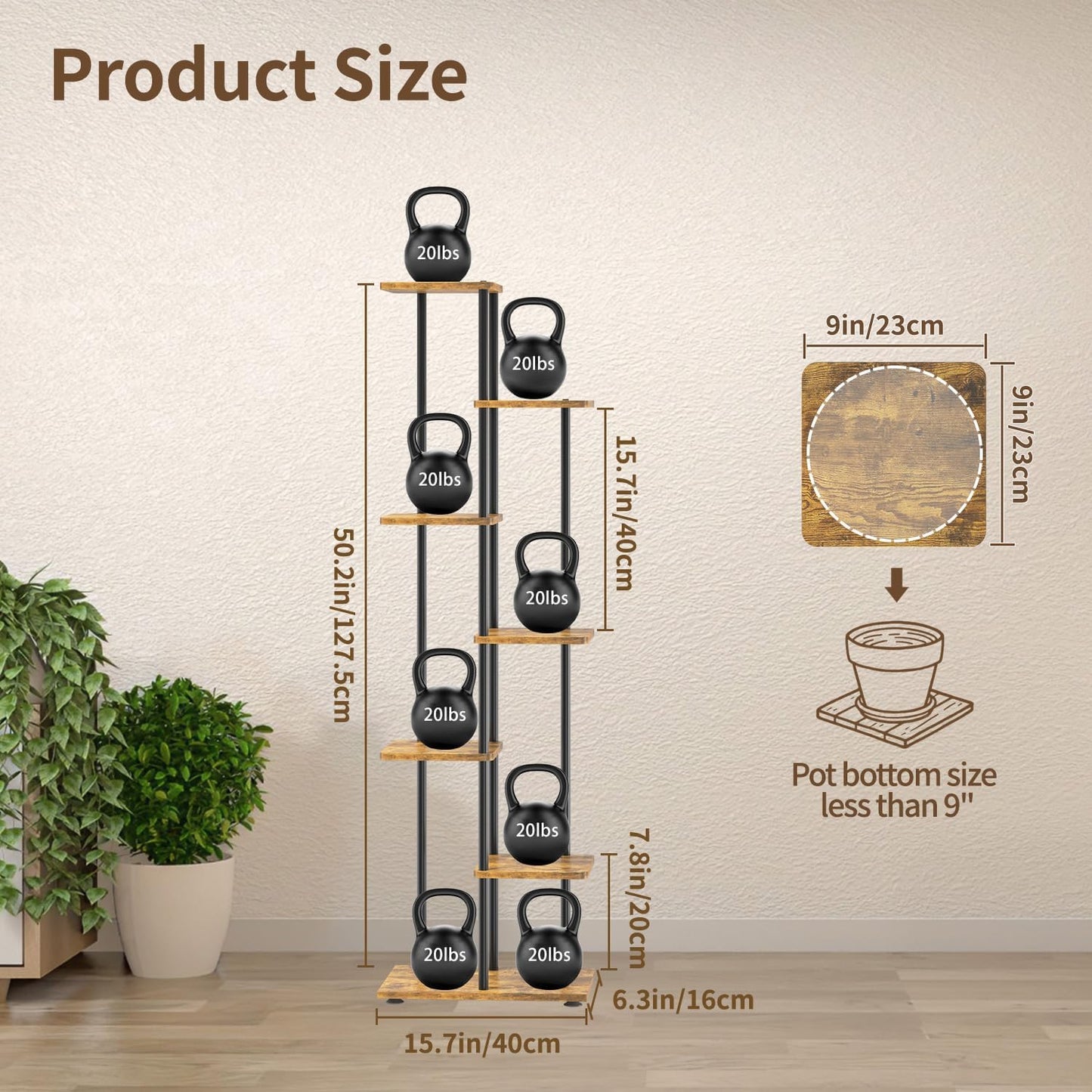 LASZOLA Black 6 Tier Wood Tall Plant Stand Indoor with Grow Lights, Large Heavy Duty Vertical Corner Rack for Multiple Planter, Sturdy Metal Rustic High Flower Shelf Holder Organizer for House Patio