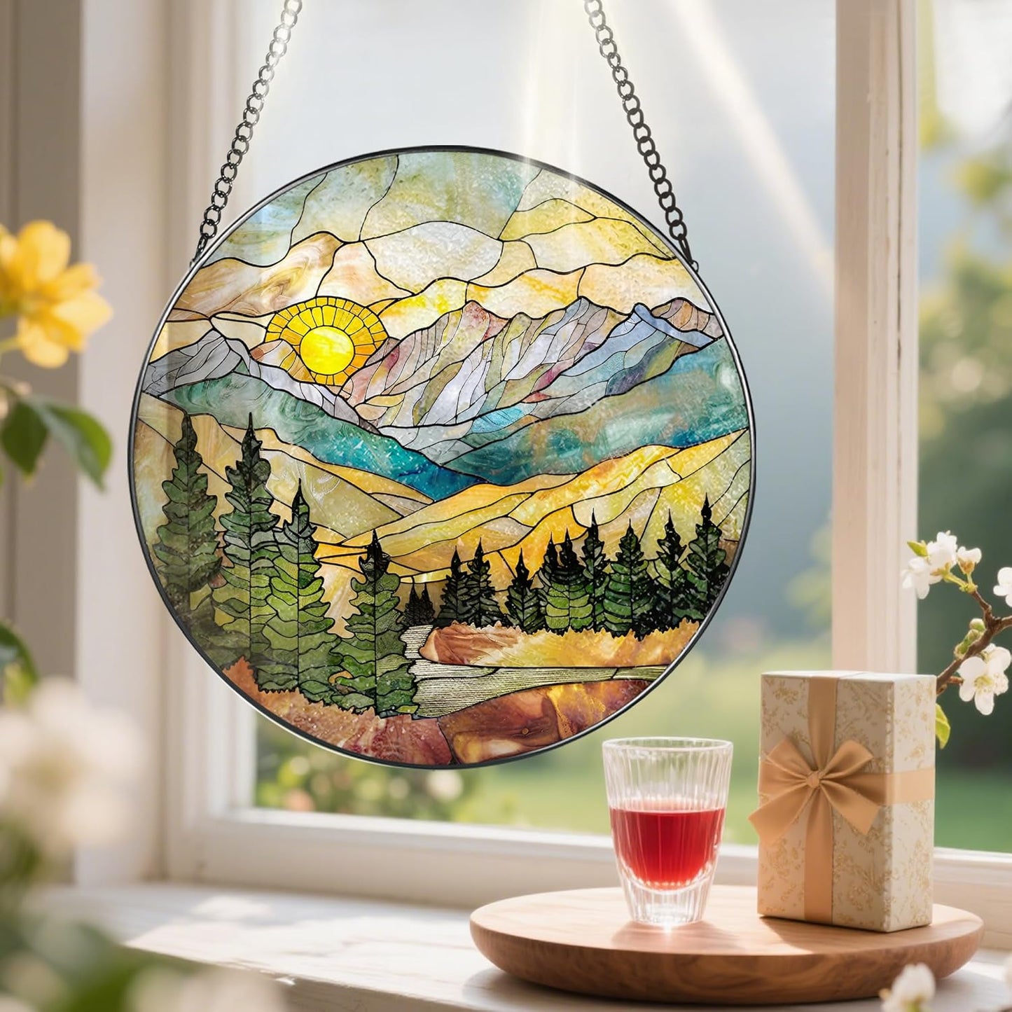Stained Glass Window Hanging - 8 Inch Mountain Range Suncatcher for Window Doors Home Decoration, Valentine's Day Mother's Day Christmas Birthday Gifts for Women, Men, and Mom Grandma