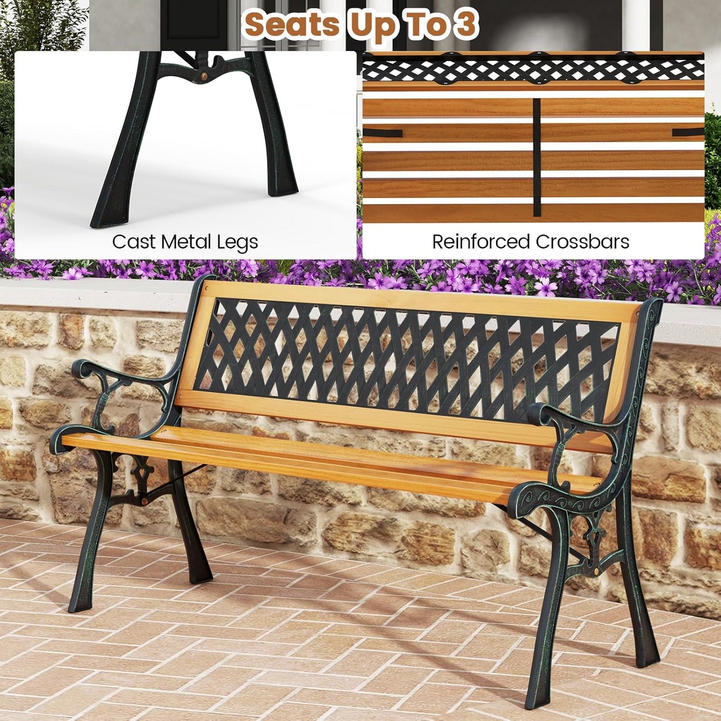 Tangkula Outdoor Garden Bench Park Bench, Patio Bench Chair with Cast Iron & Hardwood Structure, Weather Proof Porch Outdoor Furniture Loveseat, Perfect for Backyard, Deck, Lawn, Poolside
