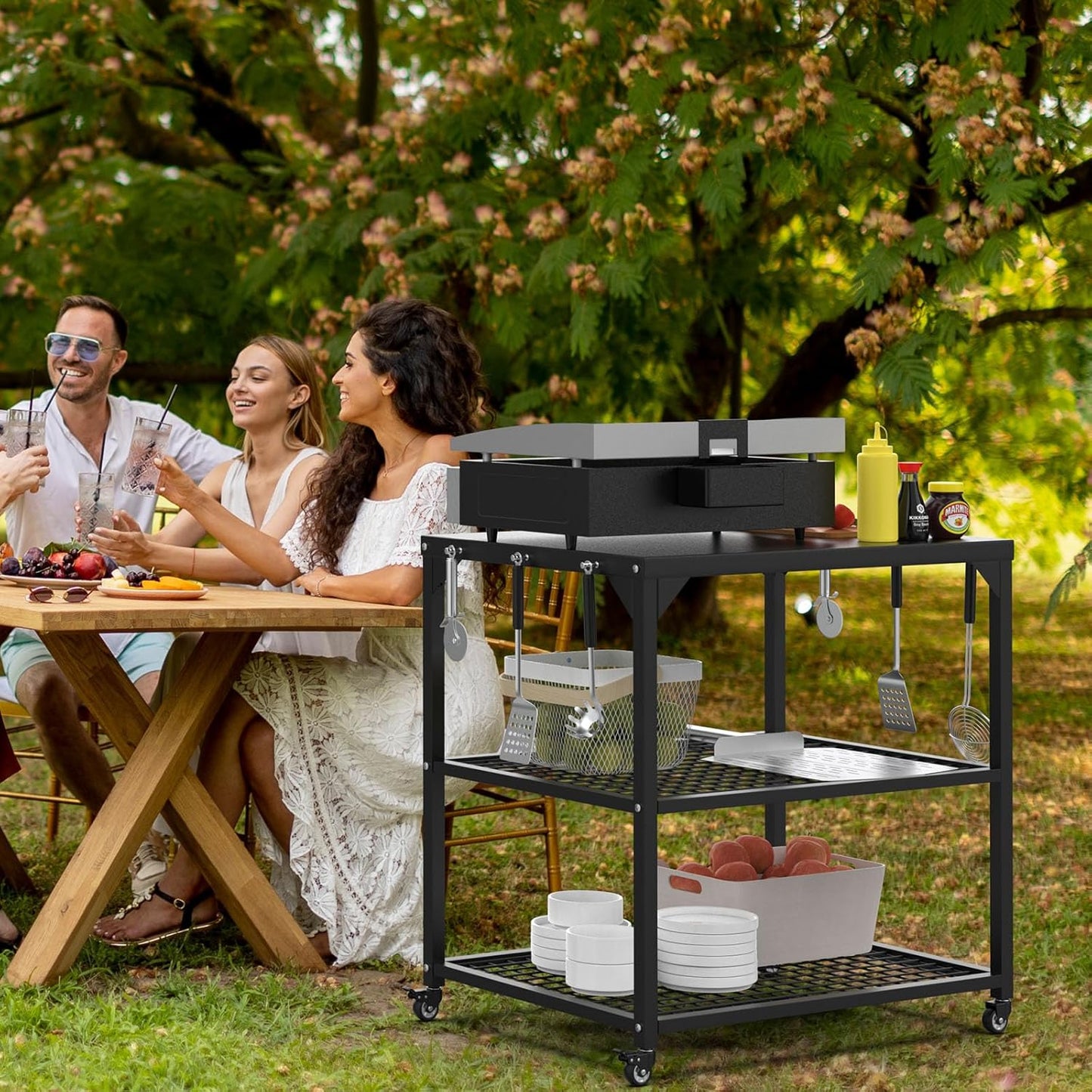 Stainless Steel Pizza Oven Table Cart with Wheels, 3-Shelf Outdoor Grill Stand for Ooni, Blackstone, Ninja Woodfire, Cuisinart and Most Grill – Portable Movable Food Prep Cart & Topping Station