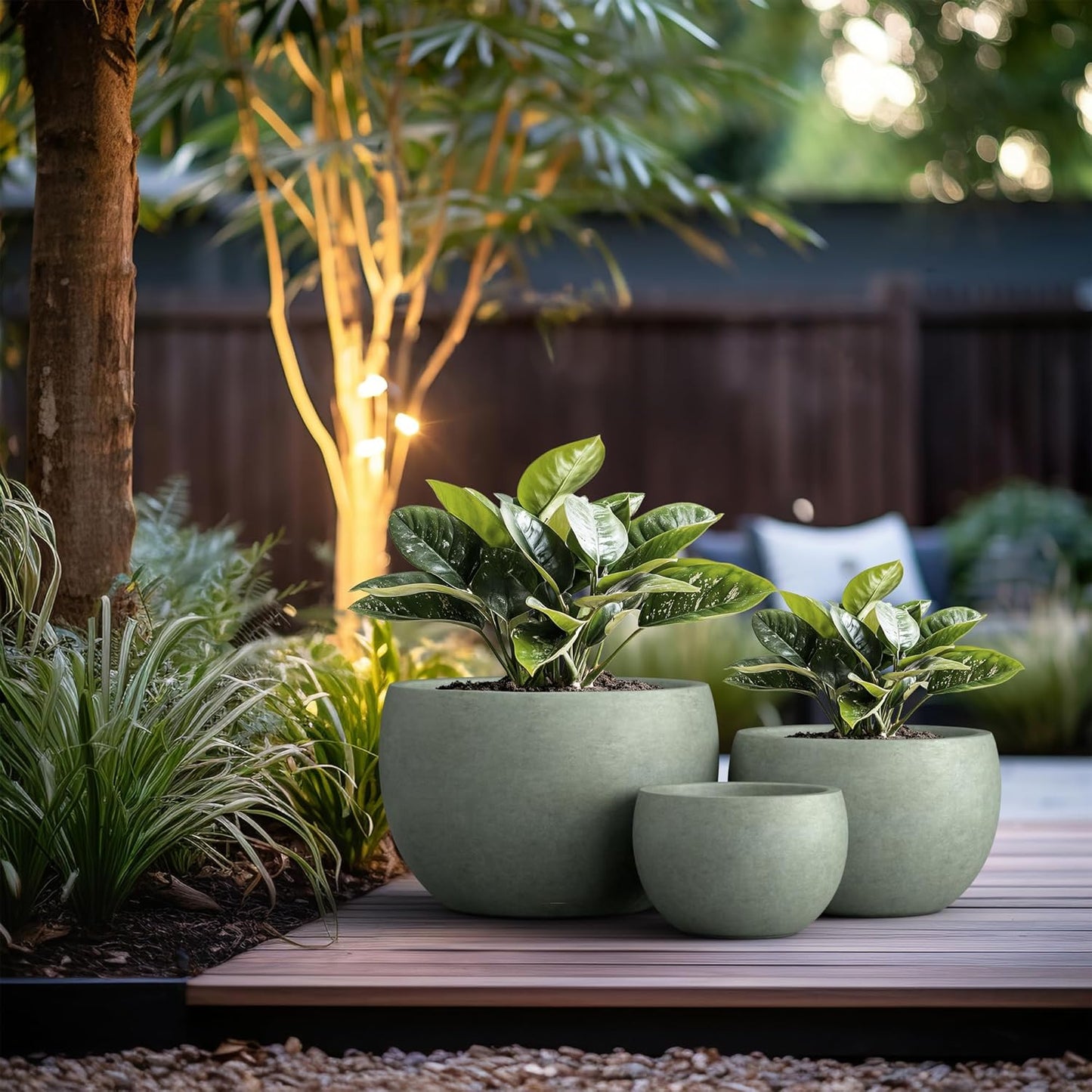 Kante 19.9",15.7",11.8" Dia Round Concrete Planter Set of 3, Outdoor/Indoor Large Bowl Plant Pots with Drainage Hole and Rubber Plug for Garden Patio Balcony Home, Mint Green