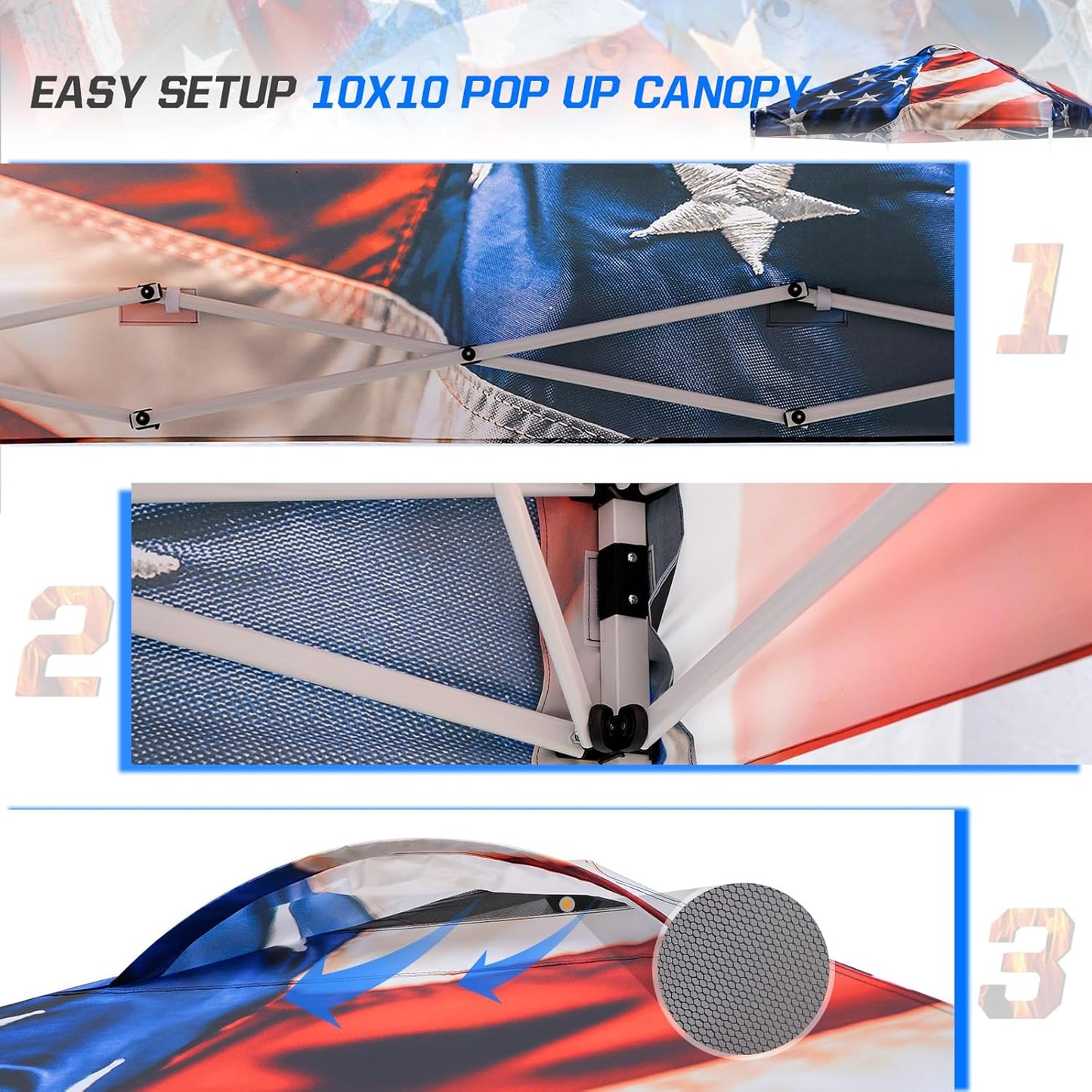 EAGLE PEAK Pop Up Canopy Tent with Wheeled Carry Bag, 8 Stakes, 4 Ropes, 4 Weight Bags, Easy Set Up Tent Canopy, 10x10 ft, 100sqft of Shade, Stars and Stripes