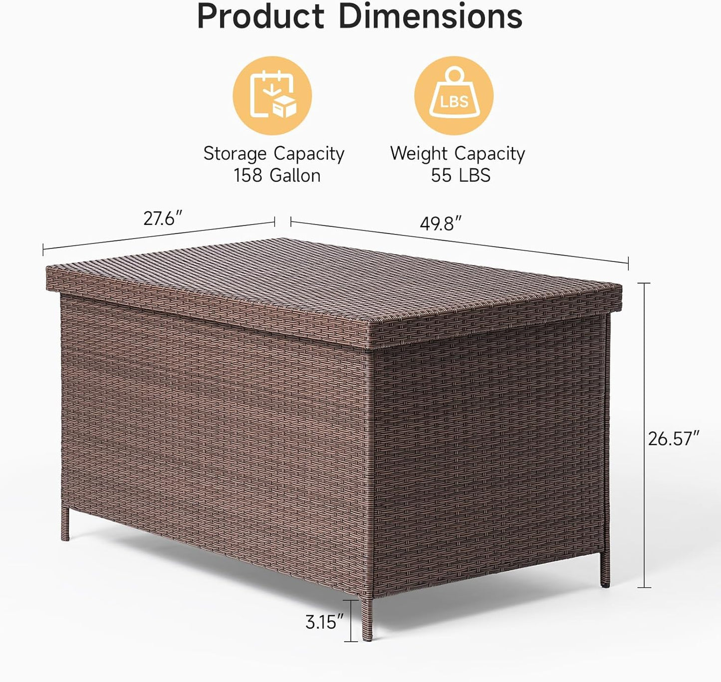 158 Gallon XL Deck Box with Lid, All Weather Wicker Outdoor Storage Box Waterproof, Large Outdoor Patio Storage Bin for Cushions, Garden Tools, Gears, Pool Accessories, Brown