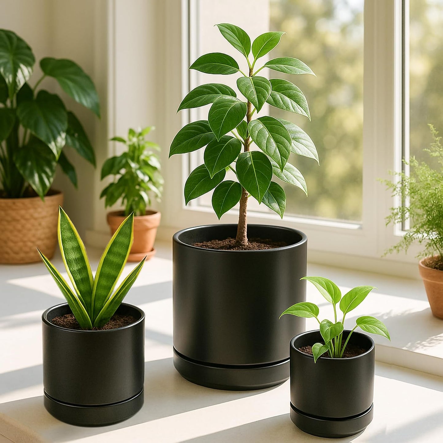 D'vine Dev 4 Inch & 6 Inch & 8 Inch, Set of 3 Round Ceramic Planter Pot with Drainage Hole and Saucer, Black, 94-T-M-2