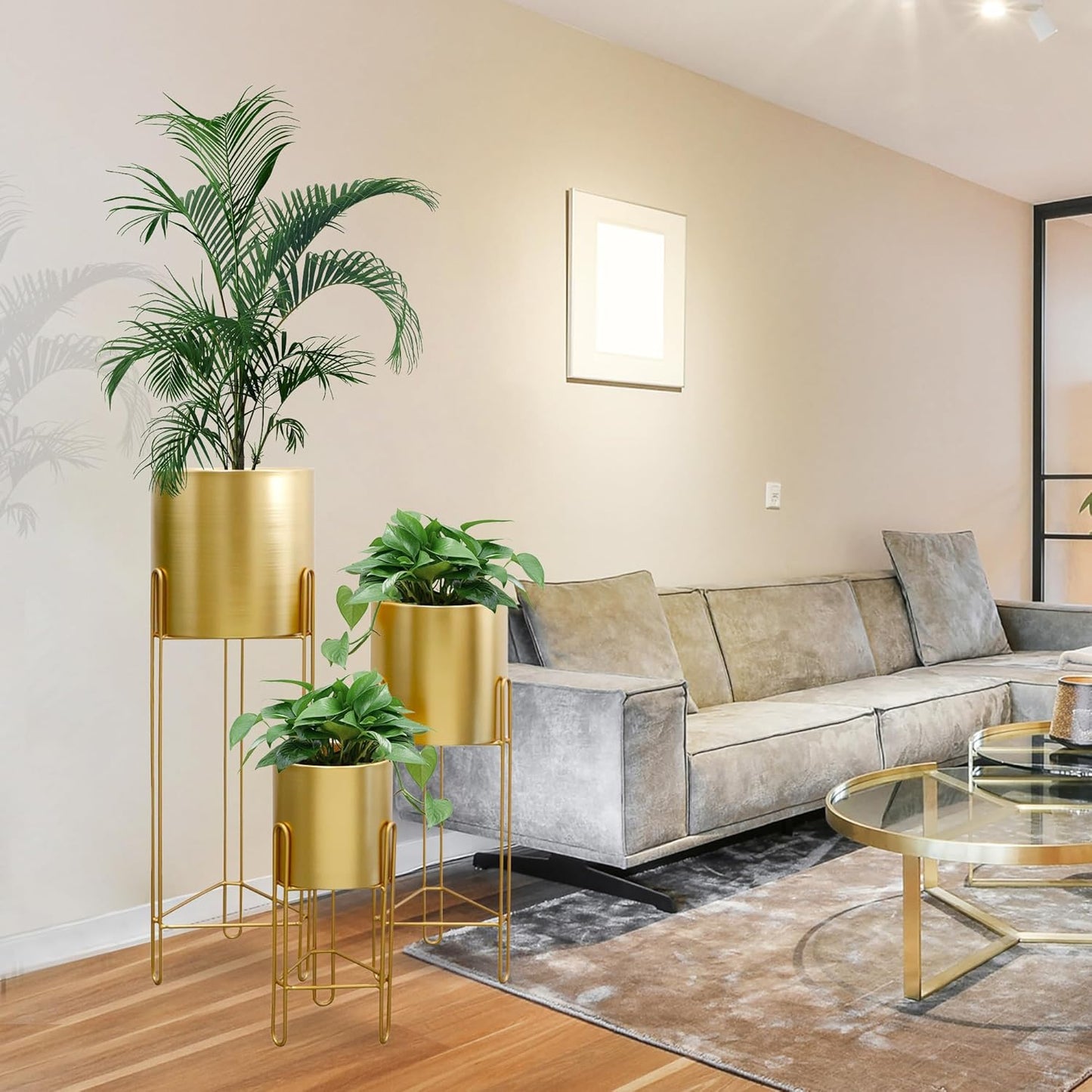 TRIROCKS Set of 3 Large Planters with Stand Gold Planter for Indoor Plants 29 &22 &12" Tall Morden Metal Plant Pots for Living Room Corner Kitchen Office Garden Balcony Patio Decor