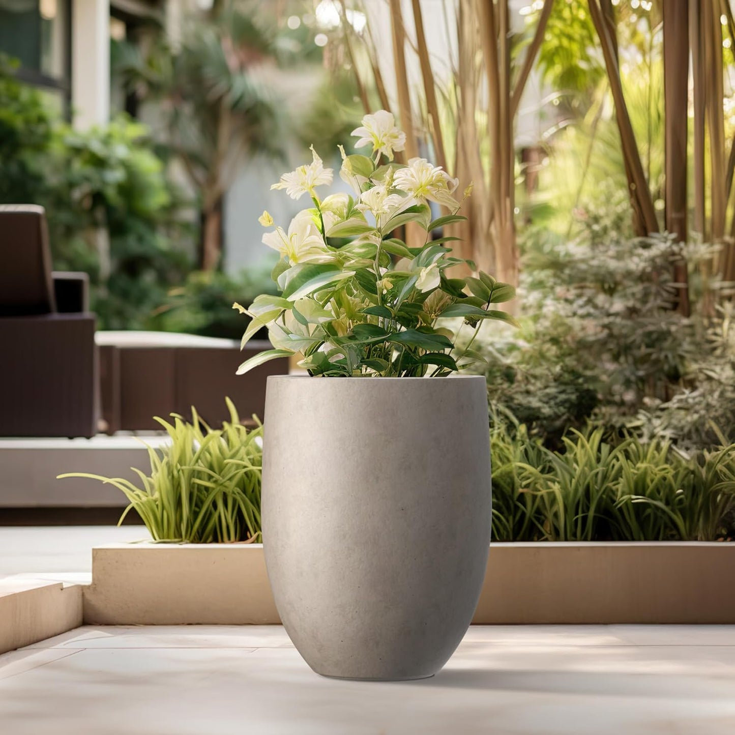 Kante 21.7 Inch Tall Concrete Planter, Large Indoor Outdoor Plant Pot with Drainage, Smooth Weathered Concrete Finish with Warm Brown Interior, Ideal for Porch, Home, Garden, Patio
